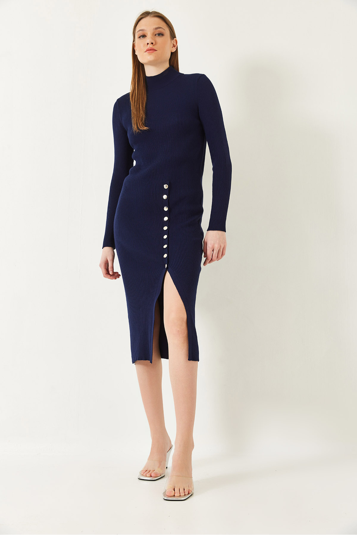 LUCCI Ribbed Textured Turtleneck Midi Knitted Dress 2