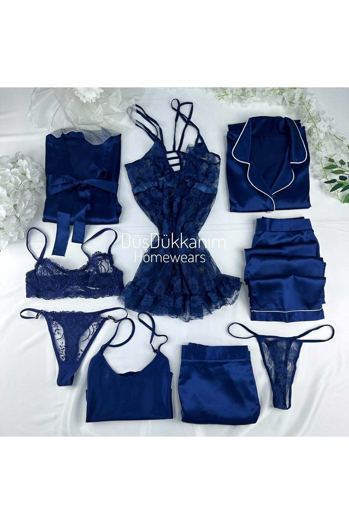 DüşDükkanım HomeWears Ipeksi Saten Lacivert 9'lu Set