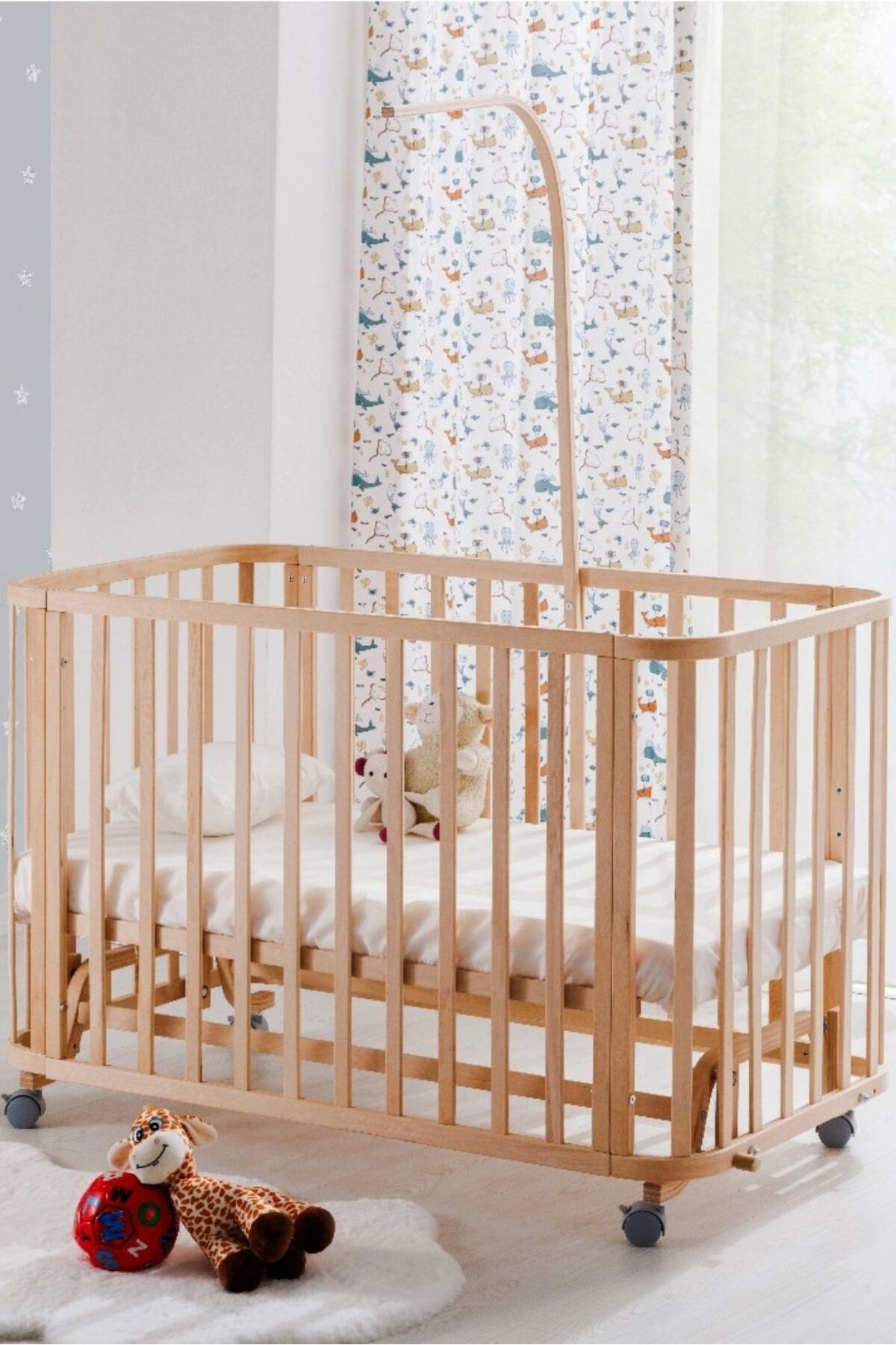 babywho BW 6080 - Tekerlekli Sallanır Sabitlenir Kademeli Anne Yanı Ahşap Bebek Beşik