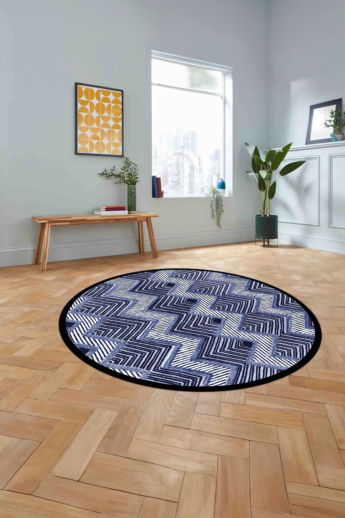 Napoli Home Baskılı Sade Kilim Desenli Yıkanabilir Kaymaz Yuvarlak Mutfak Salon Halısı, SADE-Y-87-LACİVERT,