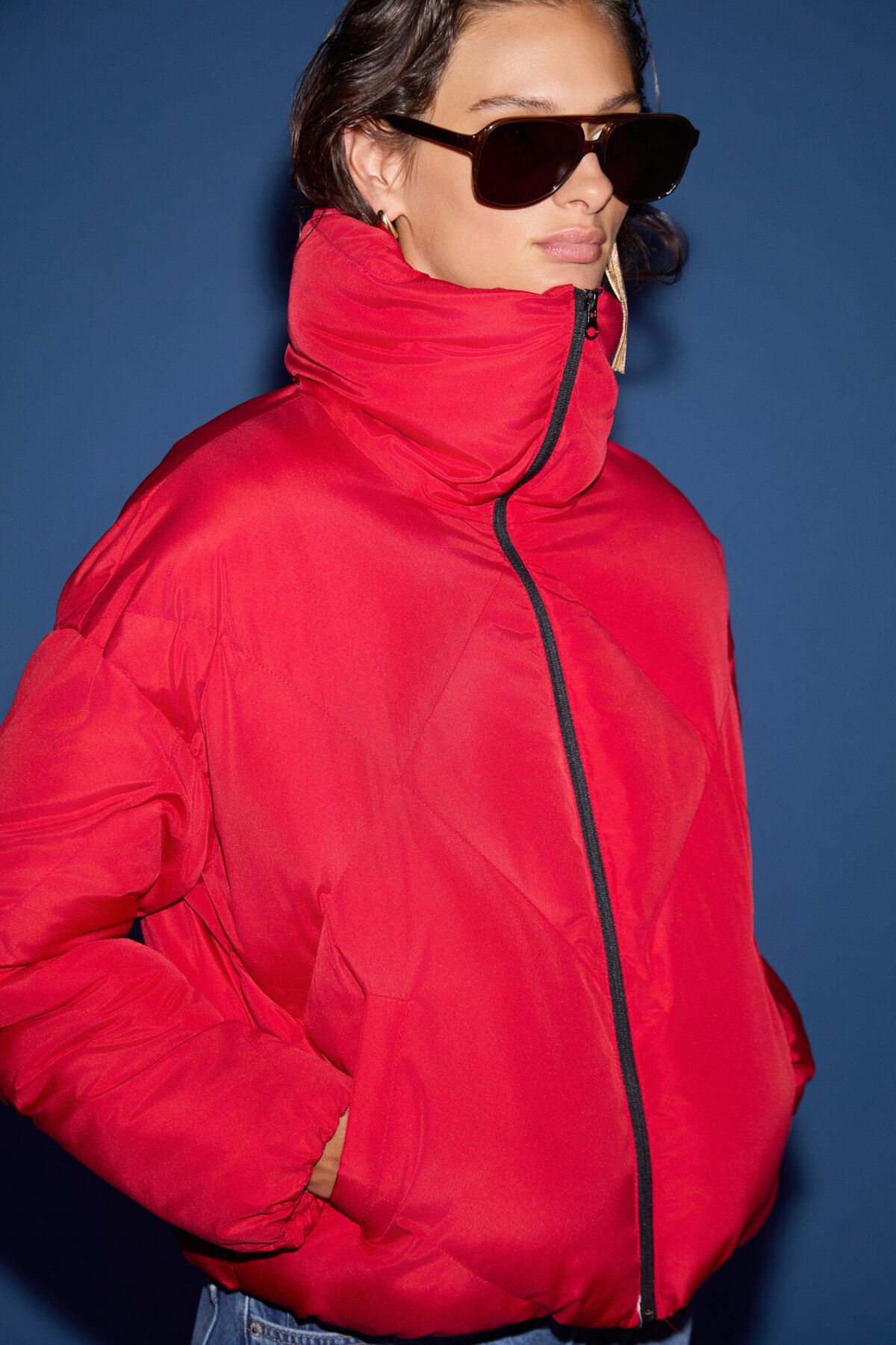 GRIMELANGE-Manon Women's Stand Collar Quilted Patterned Medium Thickness Windproof Inflatable Outerwear Red Coat 5