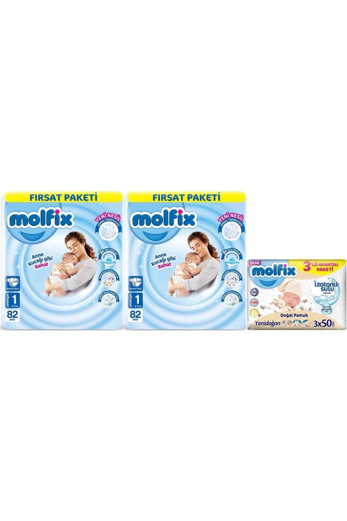 Molfix Bebek Bezi Beden:1 (2-5KG) Yeni Doğan 164 Adet Ekonomik Fırsat Pk 3 Adet Islak Mendil