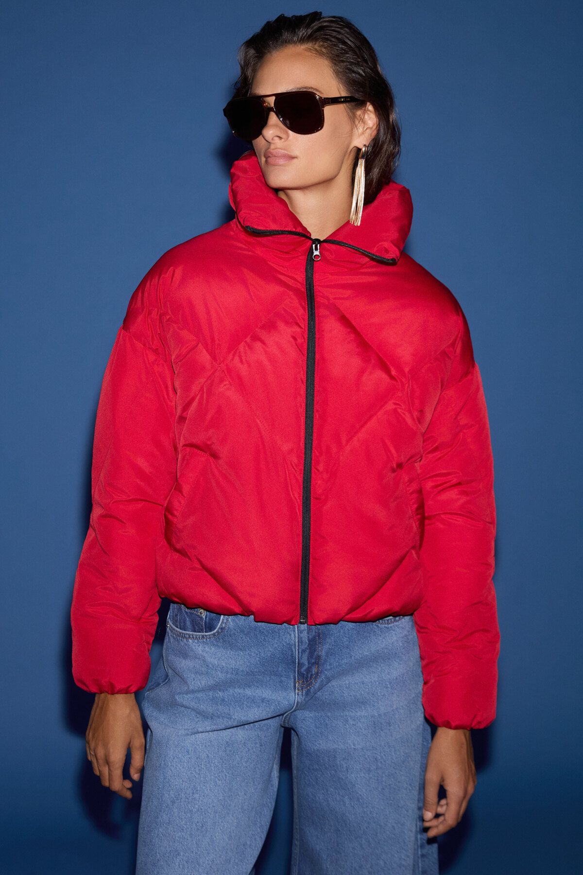 GRIMELANGE-Manon Women's Stand Collar Quilted Patterned Medium Thickness Windproof Inflatable Outerwear Red Coat 4