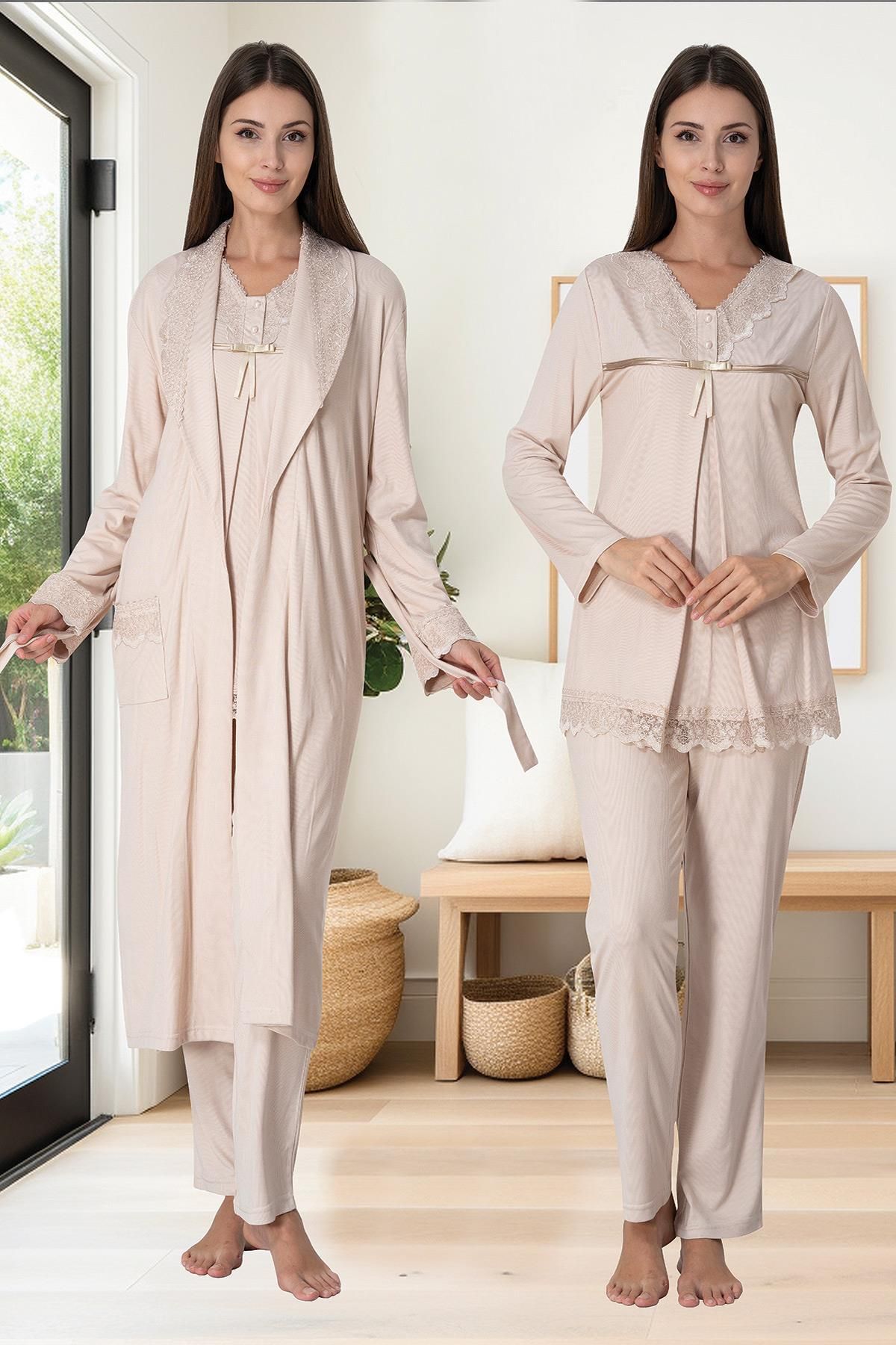 LOHOUSE-Milk Coffee Colored Cotton Maternity Sleepwear and Dressing Gown Set - Set of 3 3