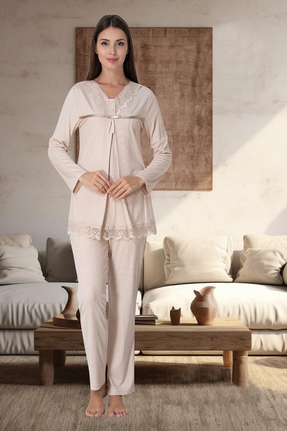 LOHOUSE-Milk Coffee Colored Cotton Maternity Sleepwear and Dressing Gown Set - Set of 3 4