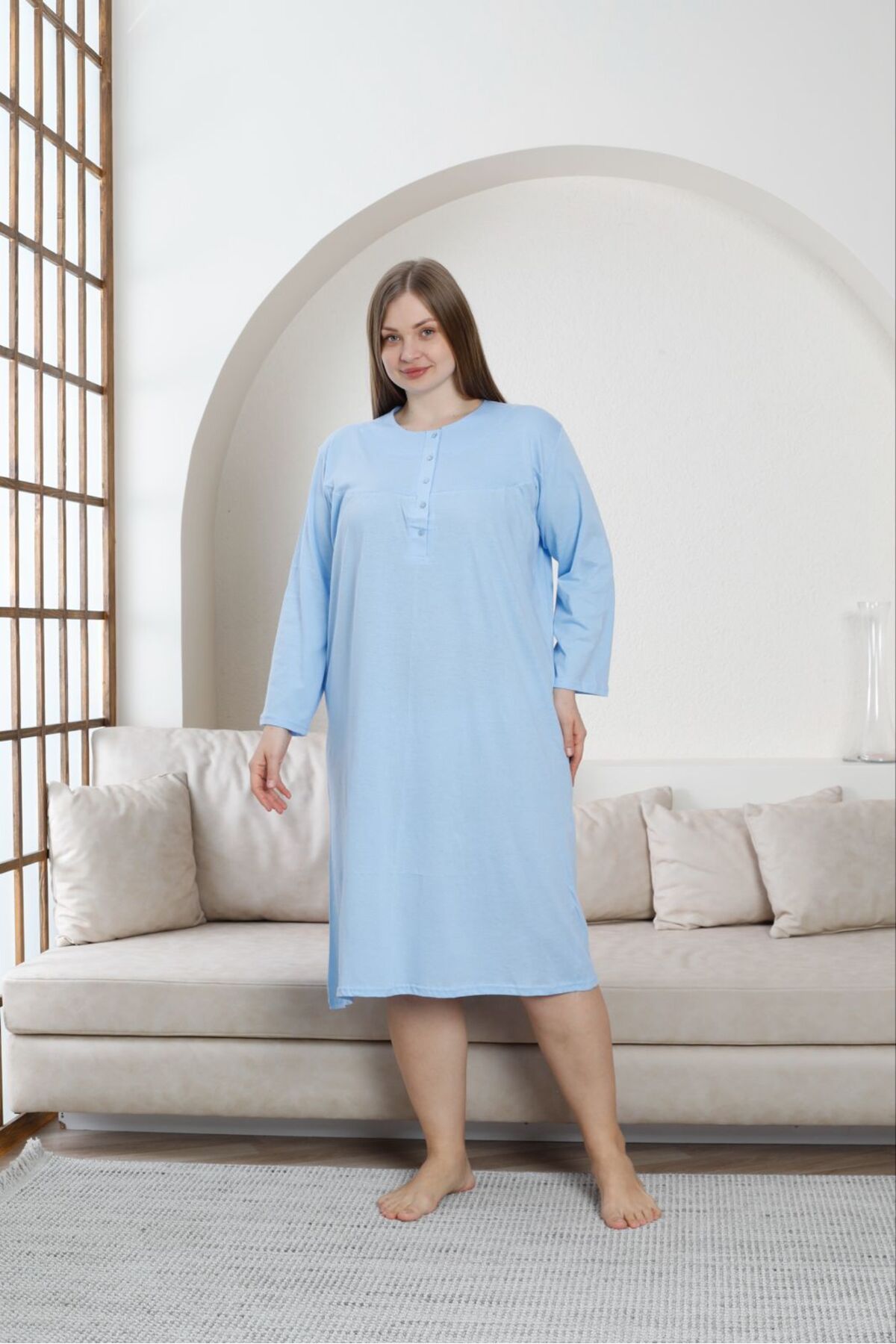 enmodaiçgiyim-Blue 100% Cotton Long Sleeve Mother Nightgown 5