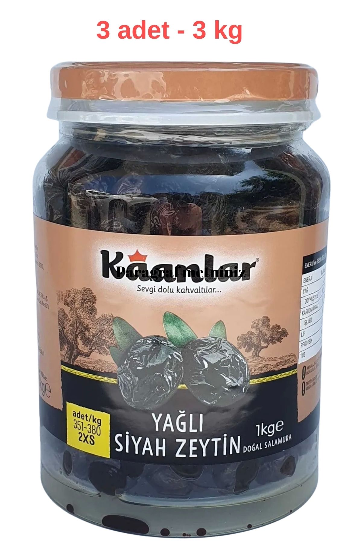 Kaanlar Doğal Salamura Yağlı Siyah Zeytin 1000 Gr * 3 adet