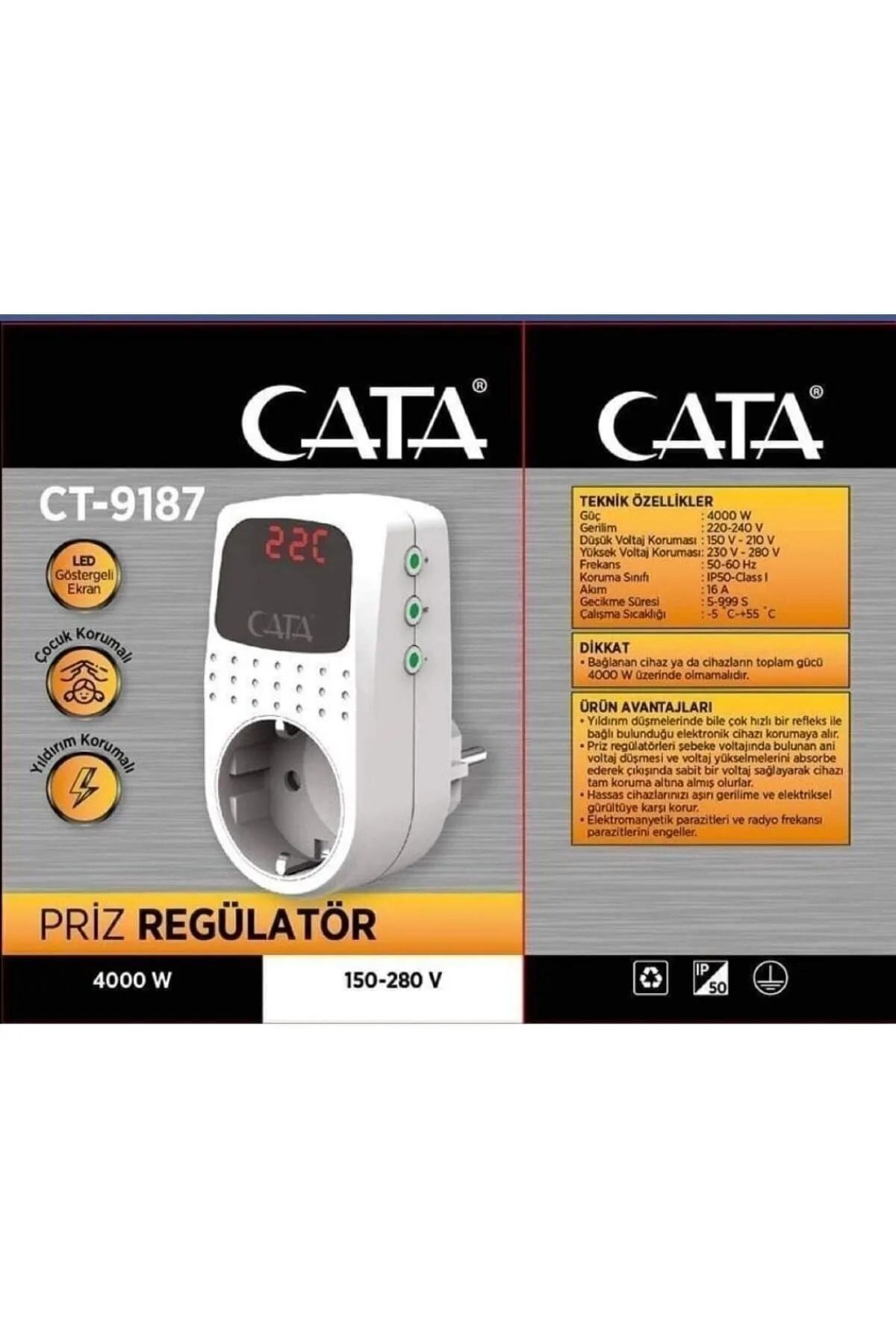 Cata CT-9187 AKIM KORUMALI PRİZ REGÜLATÖR (DİJİTAL GÖSTERGELİ)