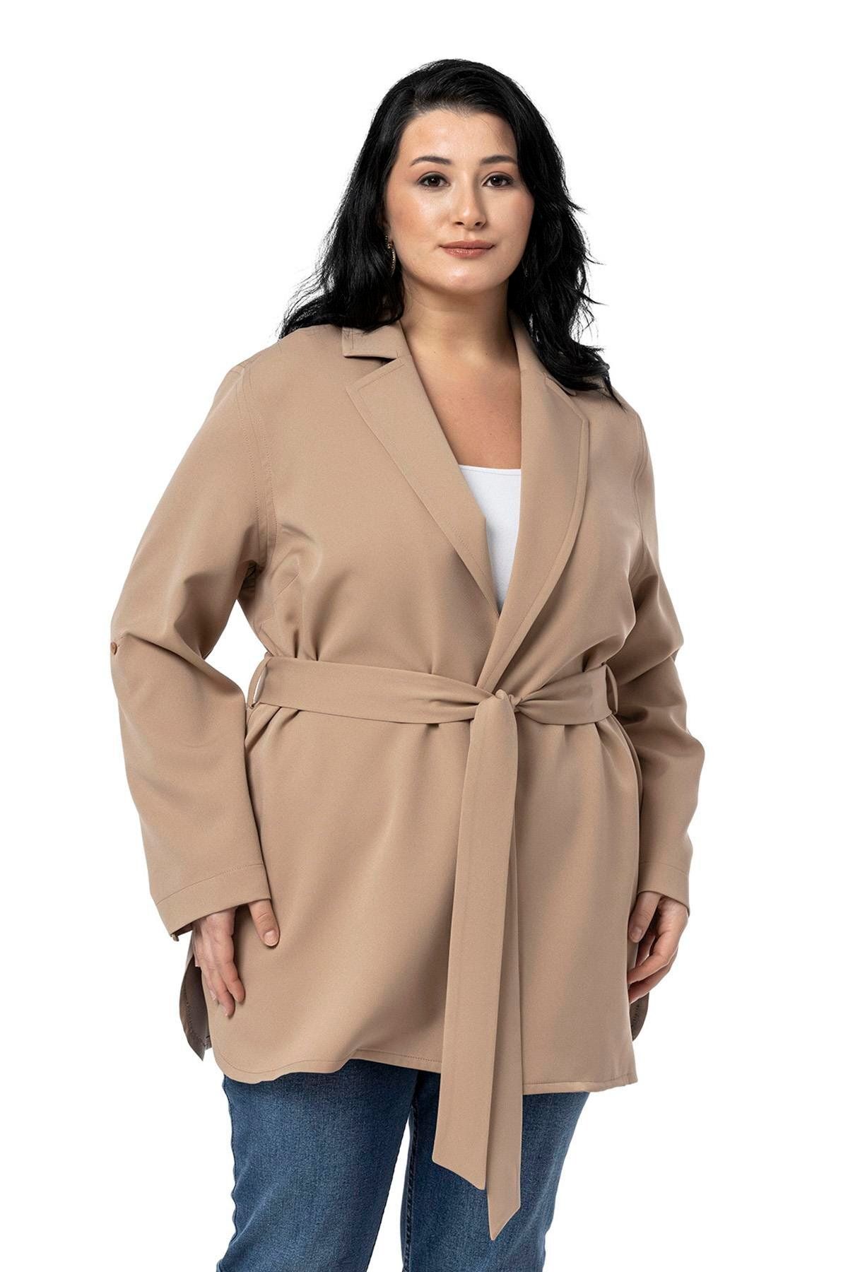 DISENTIS MODEST-Plus Size Fold Sleeve Belted Unlined Long Mink Jacket 2
