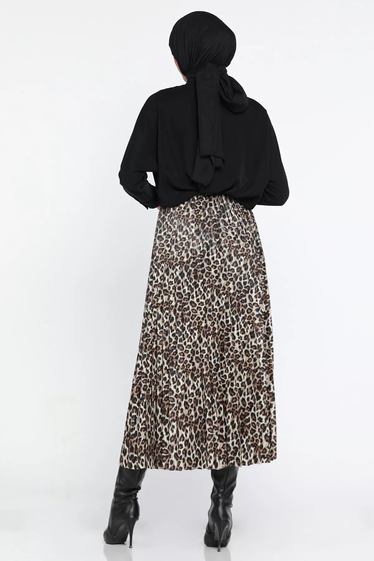 julude-Khaki Black Leopard Patterned Hijab Pleated Skirt 3