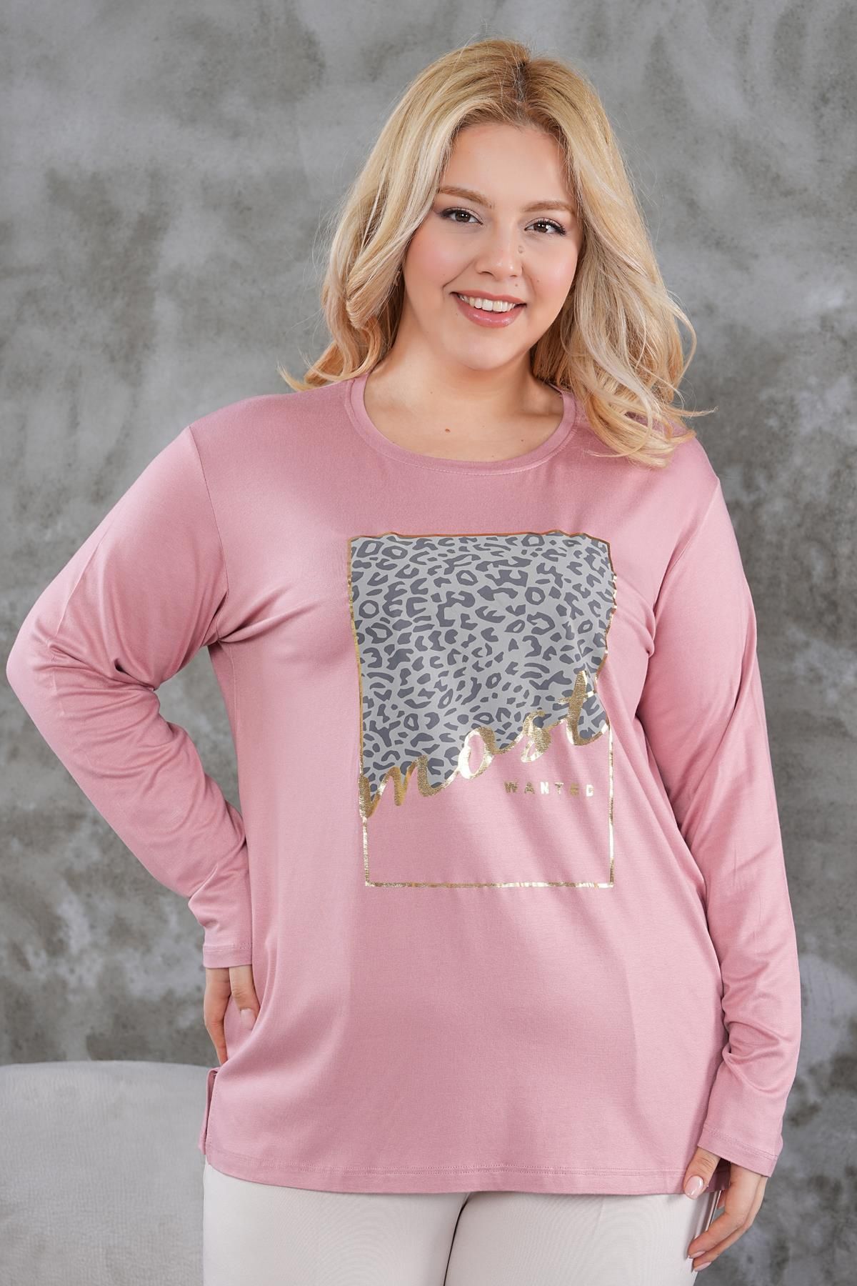 Siyezen Büyük Beden Gold Leopar Baskılı Oversize Bluz