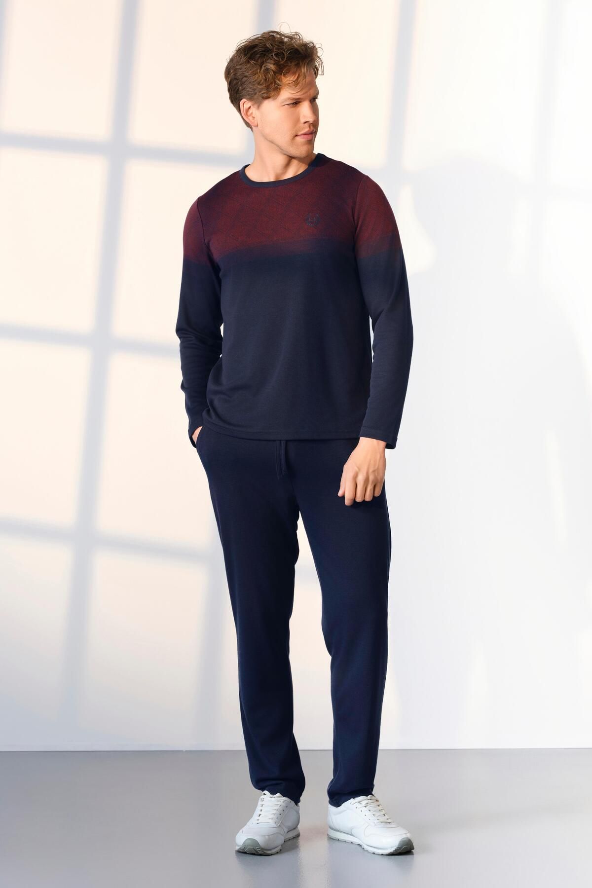 Doreanse Set De Pijamale Pentru Bărbați De Mărime Mare, Albastru Bleumarin, Roșu Claret, Cu Detalii 25k4535p Masculin - 2XL
