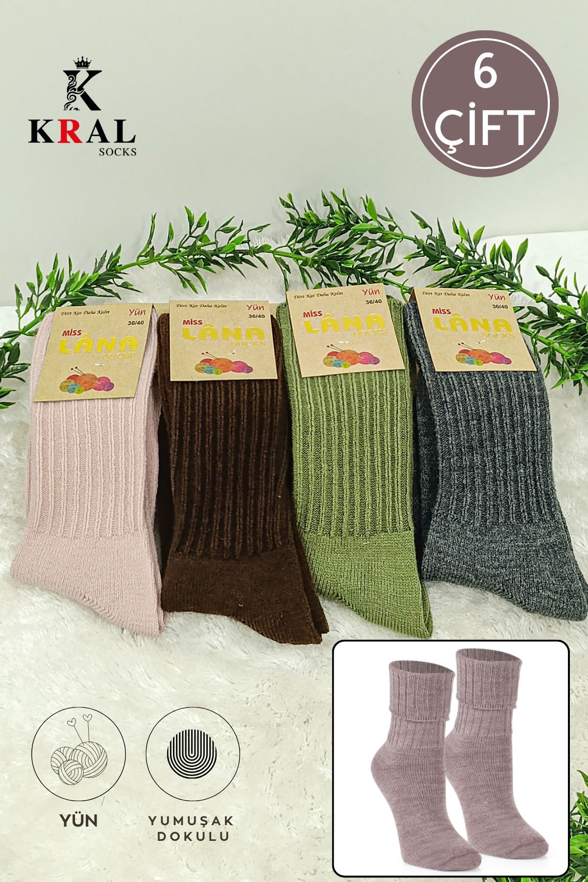 KRAL SOCKS 6'lı Kışlık Kadın Yün Çorap  Soft Termal (Sıkmayan Lastik) Uyku Çorabı