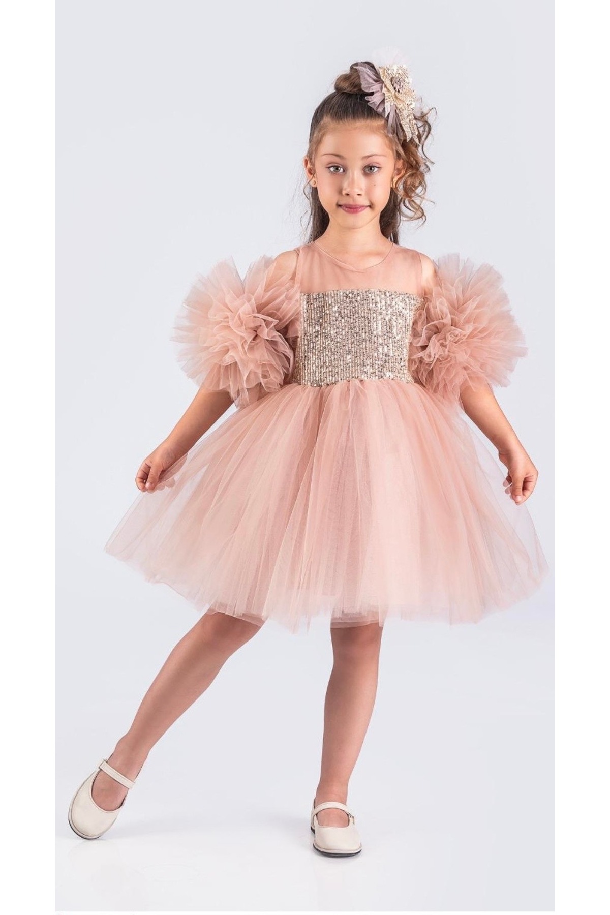 Little Pumpkin Ponpon Kollu Pul Payetli Tütülü Kız Çocuk Abiye Elbise