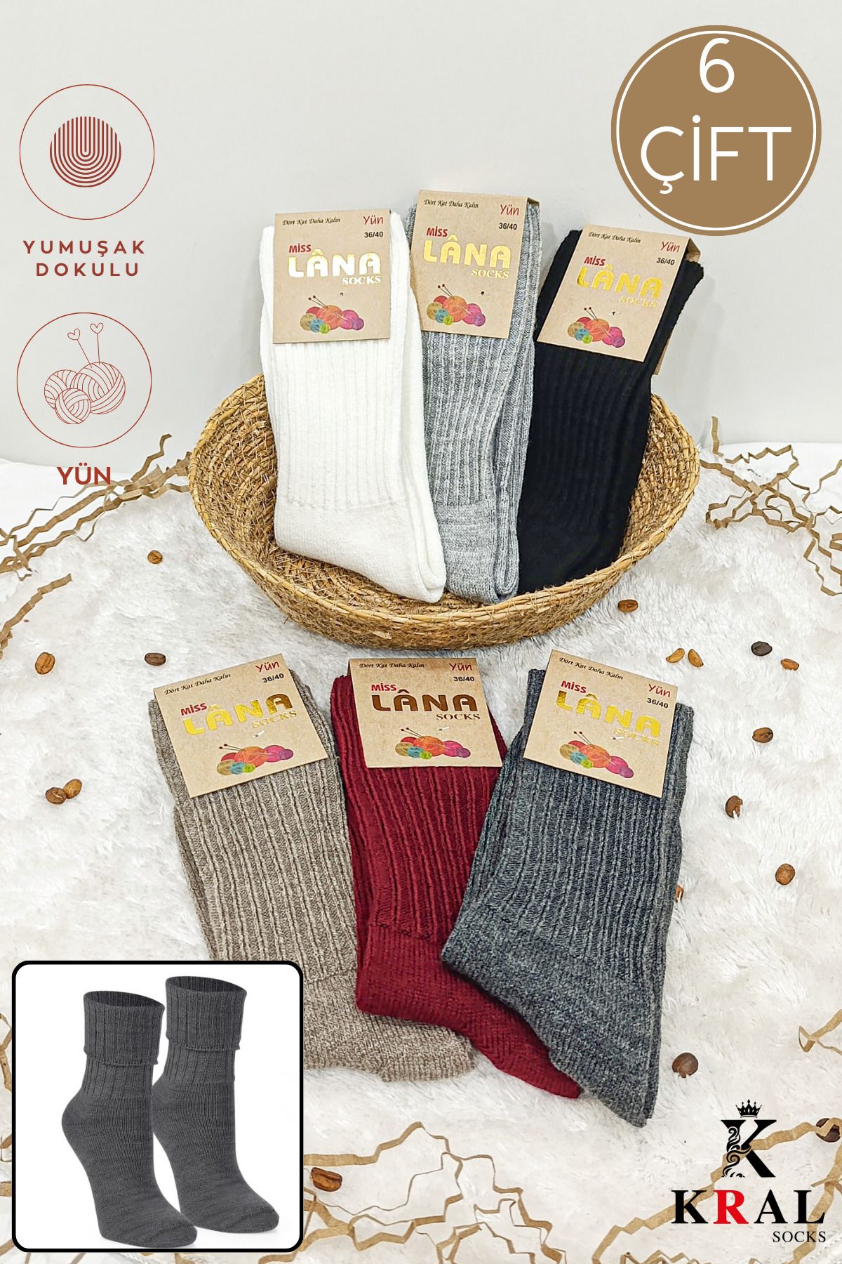 KRAL SOCKS 6'lı Kışlık Kadın Yün Çorap  Soft Termal (Sıkmayan Lastik) Uyku Çorabı