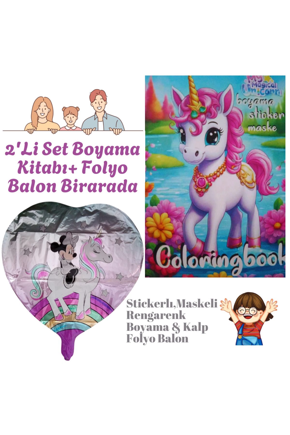 booddie Unicorn Boyama Kitabı 20'Li Stickerlı Arka Kapak Kesilerek Maskeli & Unicorn Kalp Folyo Balon