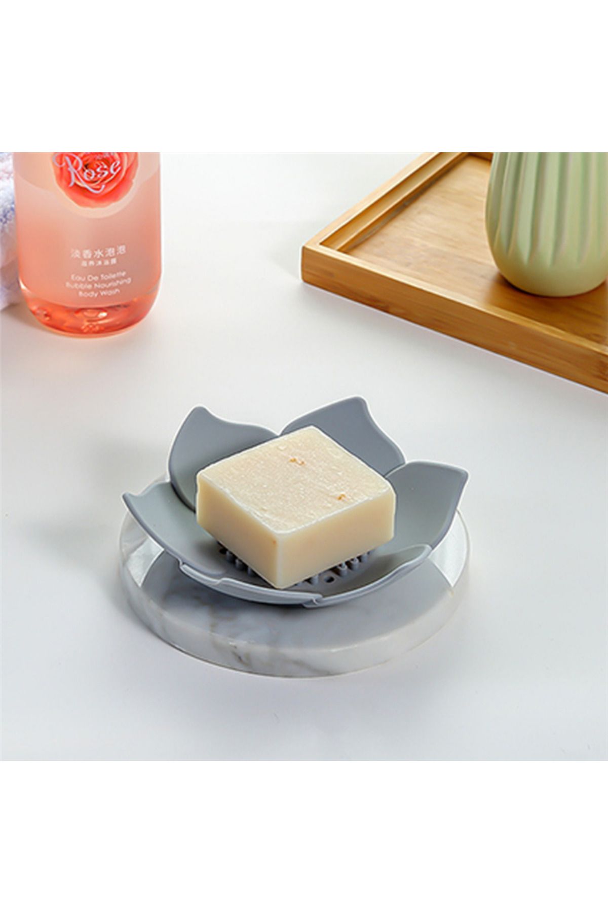 omilife-Silicone Gray Lotus Patterned Soap and Sponge Holder - Stylish Solid Soap Dispenser with Water Drain 6