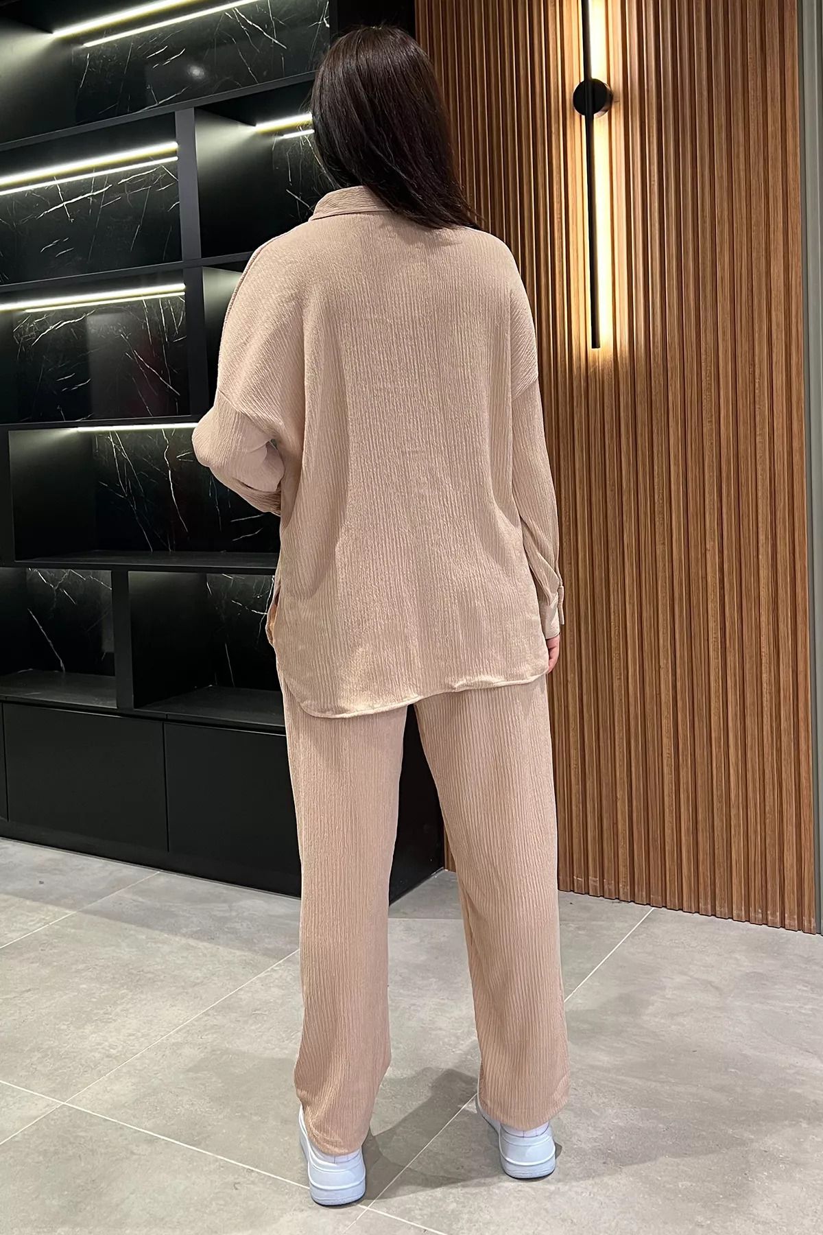 GÜLSELİ-Beige Women's Shirt Pants Wrapped Double Set 4
