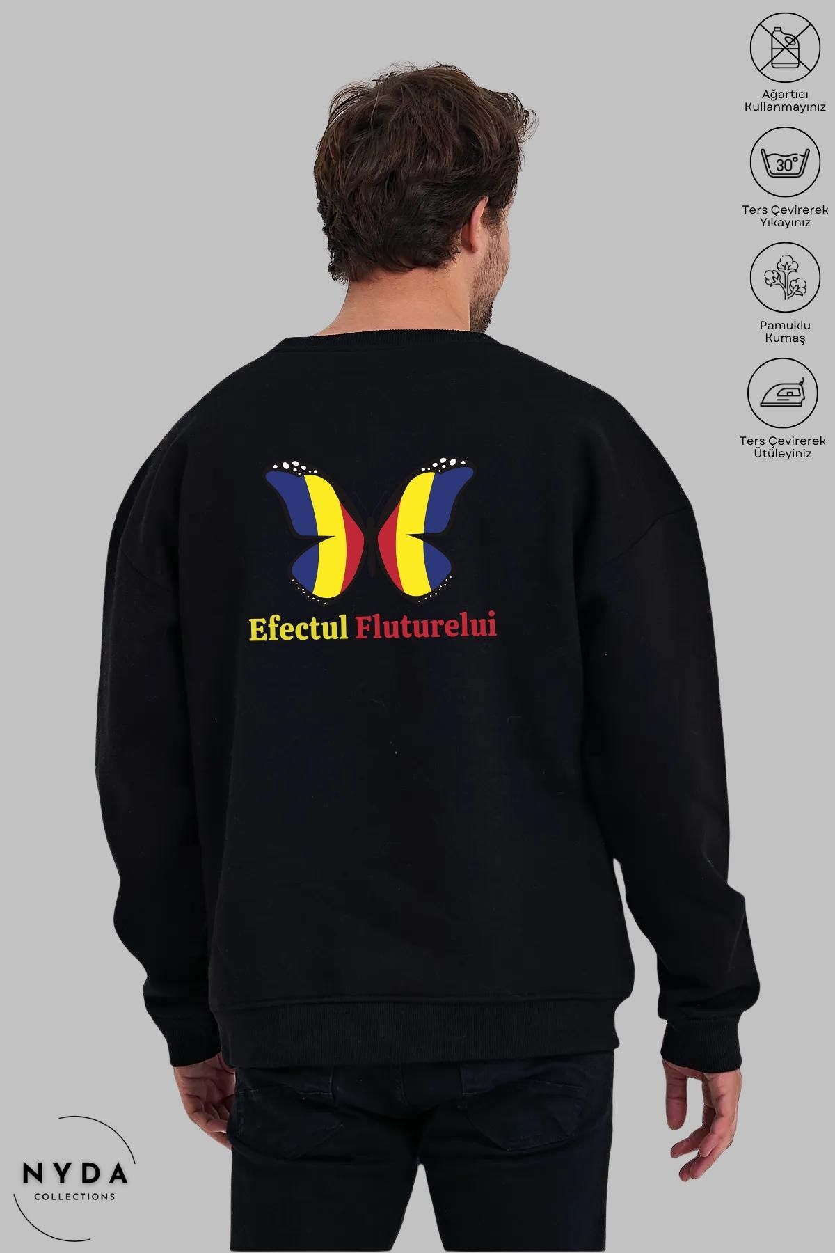 Nyda Collections Unisex Romania Efectul Fluturelui Baskılı Bisiklet Yaka Kapüşonsuz Şardonlu Oversize Sweatshirt