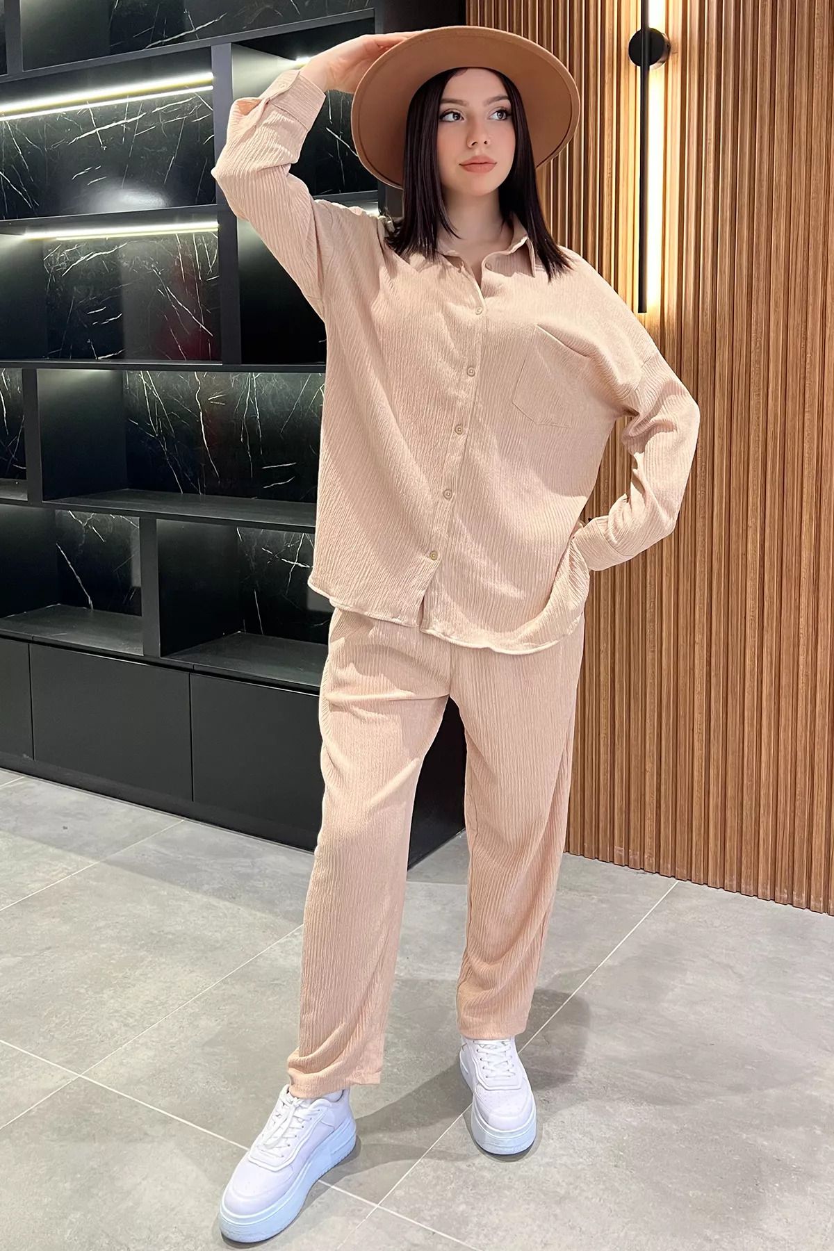 GÜLSELİ-Beige Women's Shirt Pants Wrapped Double Set 1