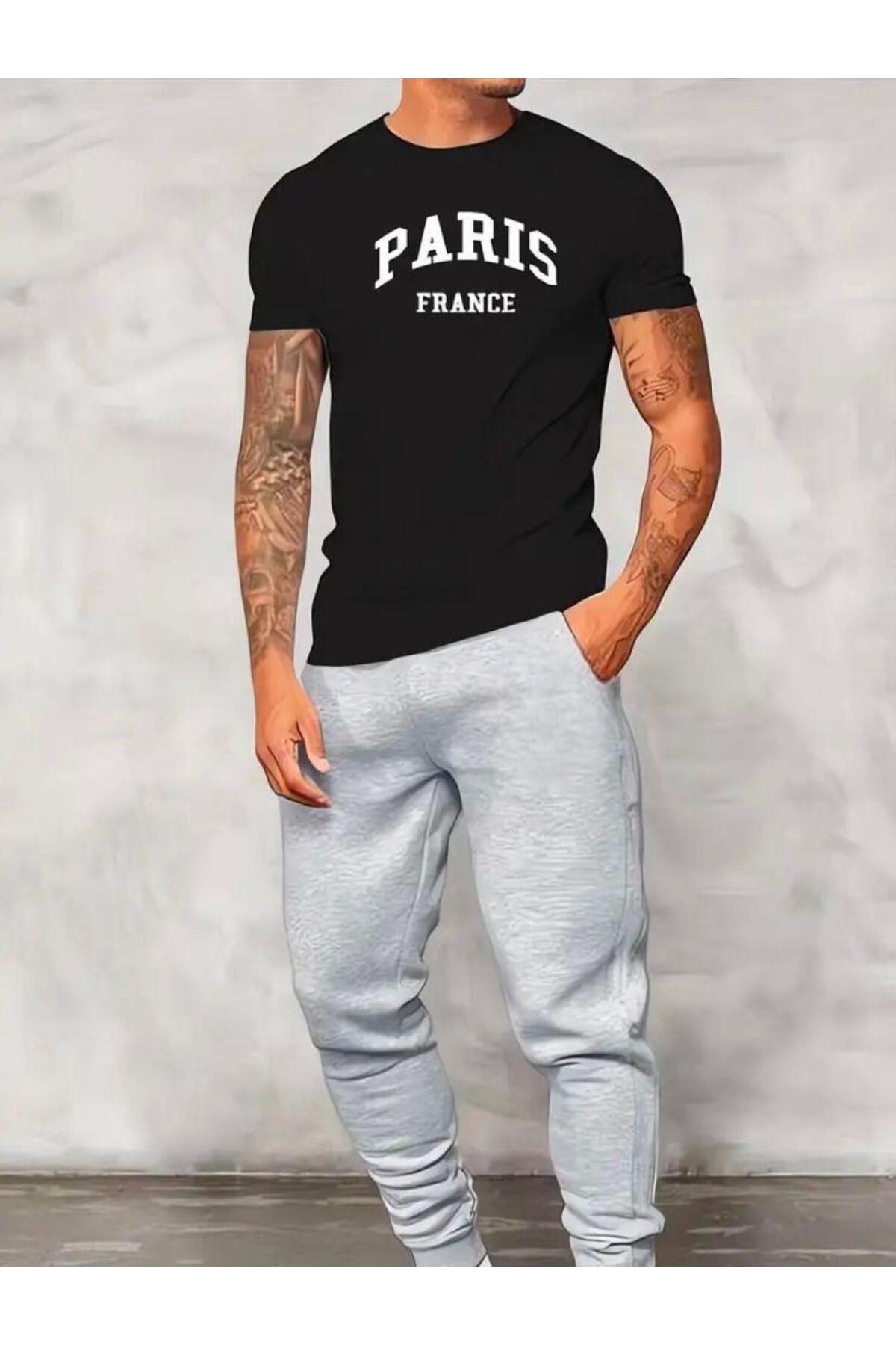 Medinenur Paris ı Baskılı T-shirt Eşofman Altı Jogger Rahat Kalıp  Eşofman Takım