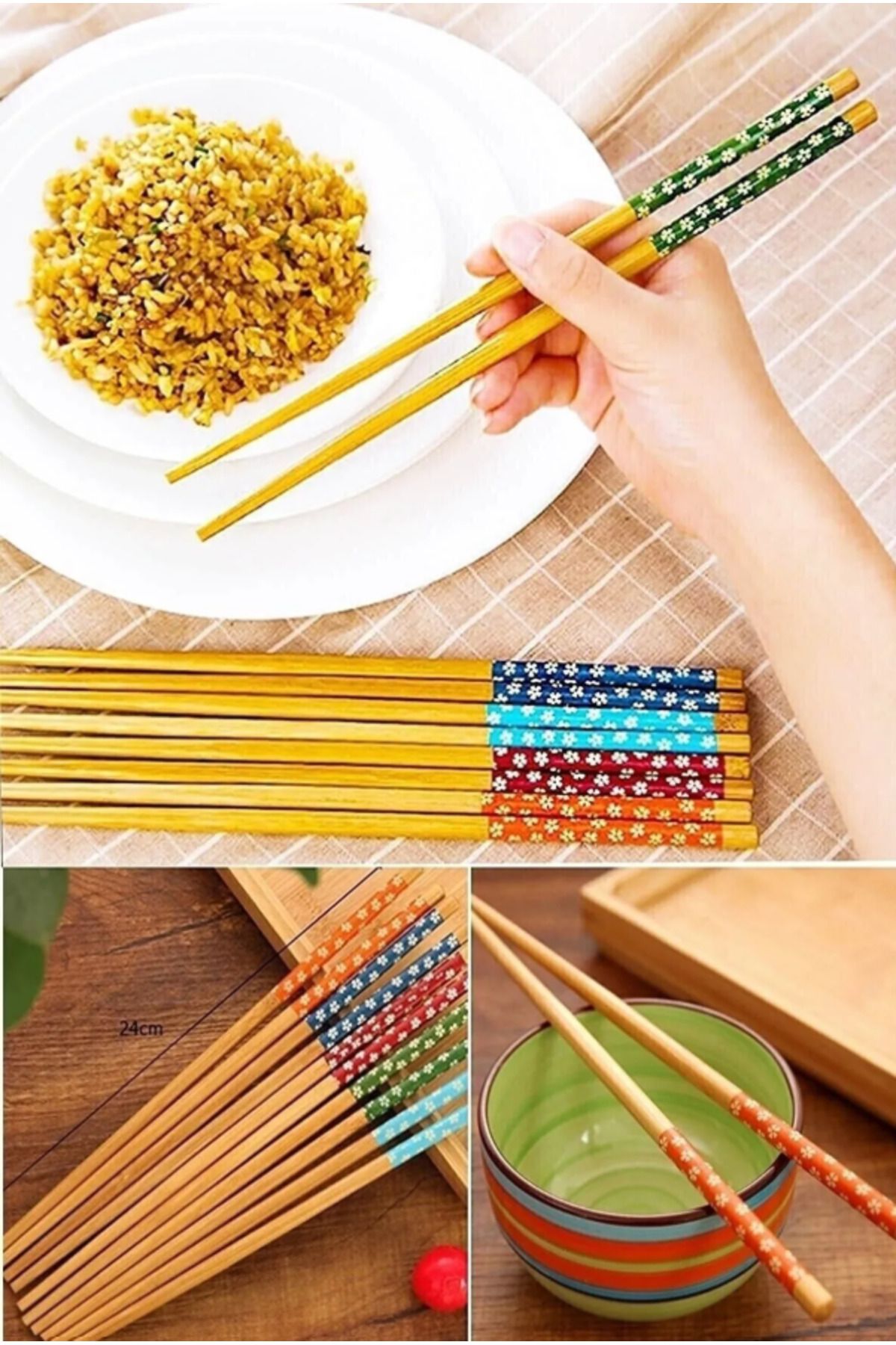 AYGÖREN HOME 5 Çift Bambu Chopstick Ahşap Desenli Çin Çubuğu Yıkanabilir Ve Kullanılabilir