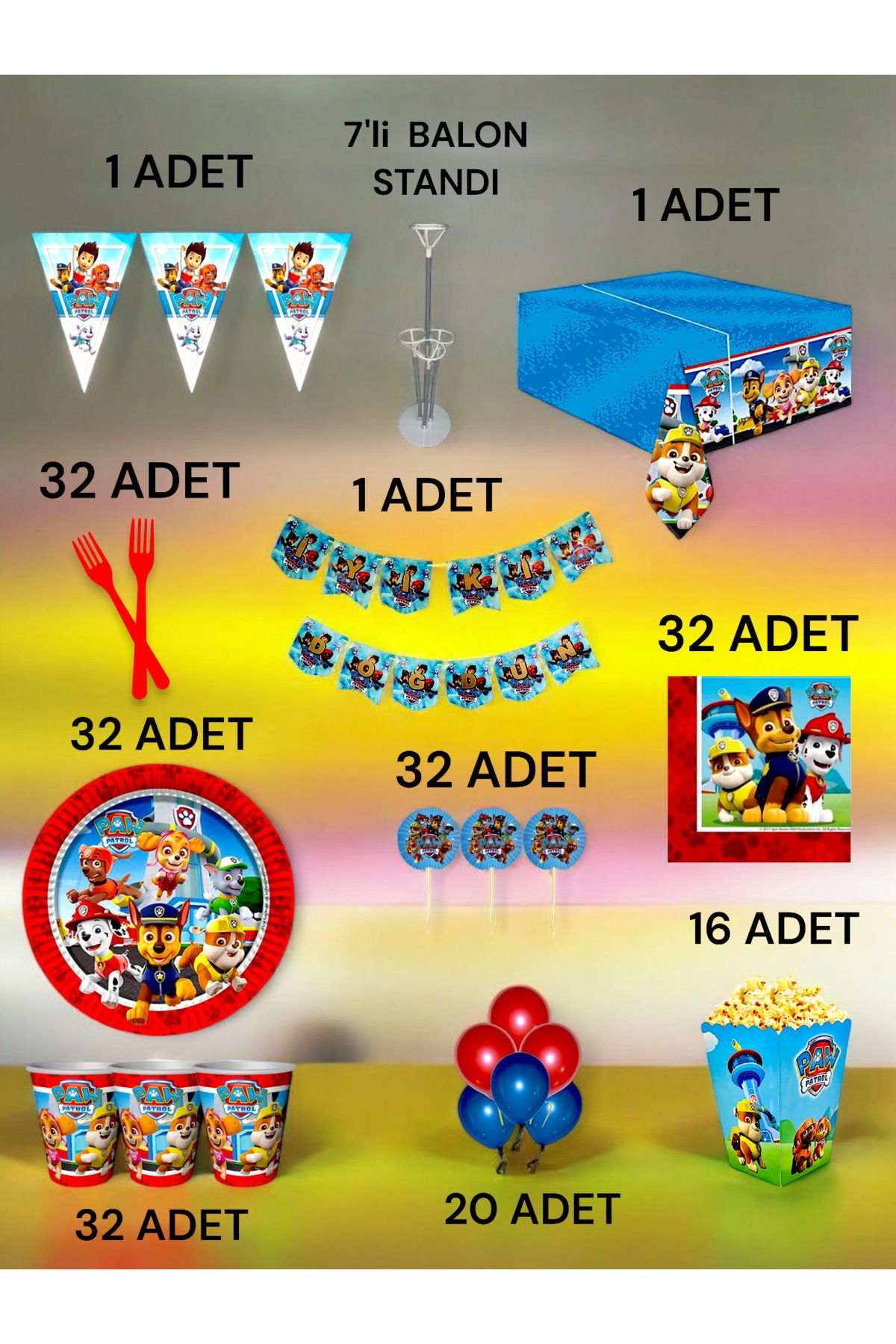 VibeHome 32 Kişilik Paw Patrol Temalı 2Xl Paket - Doğum Günü Parti ve Eğlenceli Etkinlikler