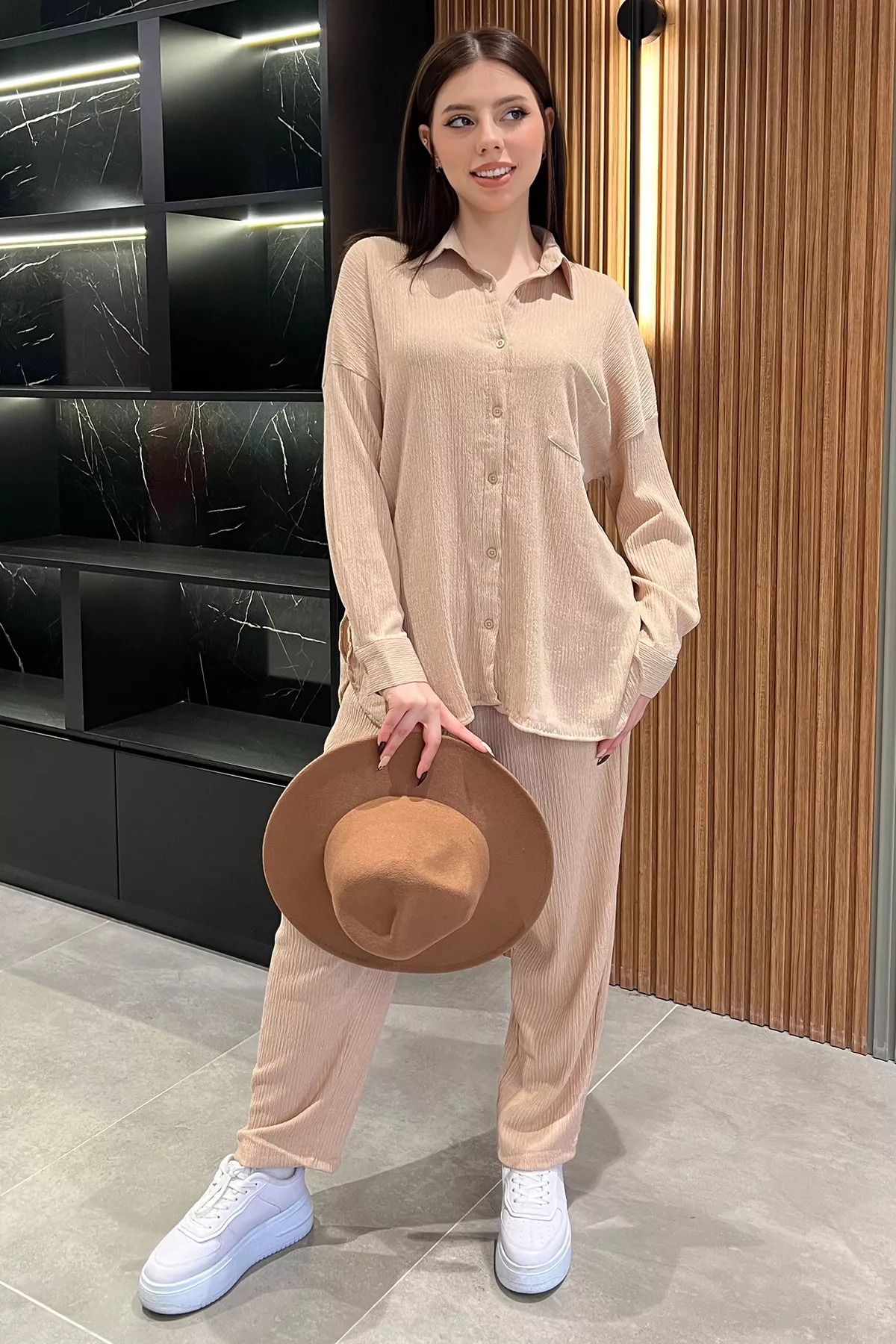 GÜLSELİ-Beige Women's Shirt Pants Wrapped Double Set 2