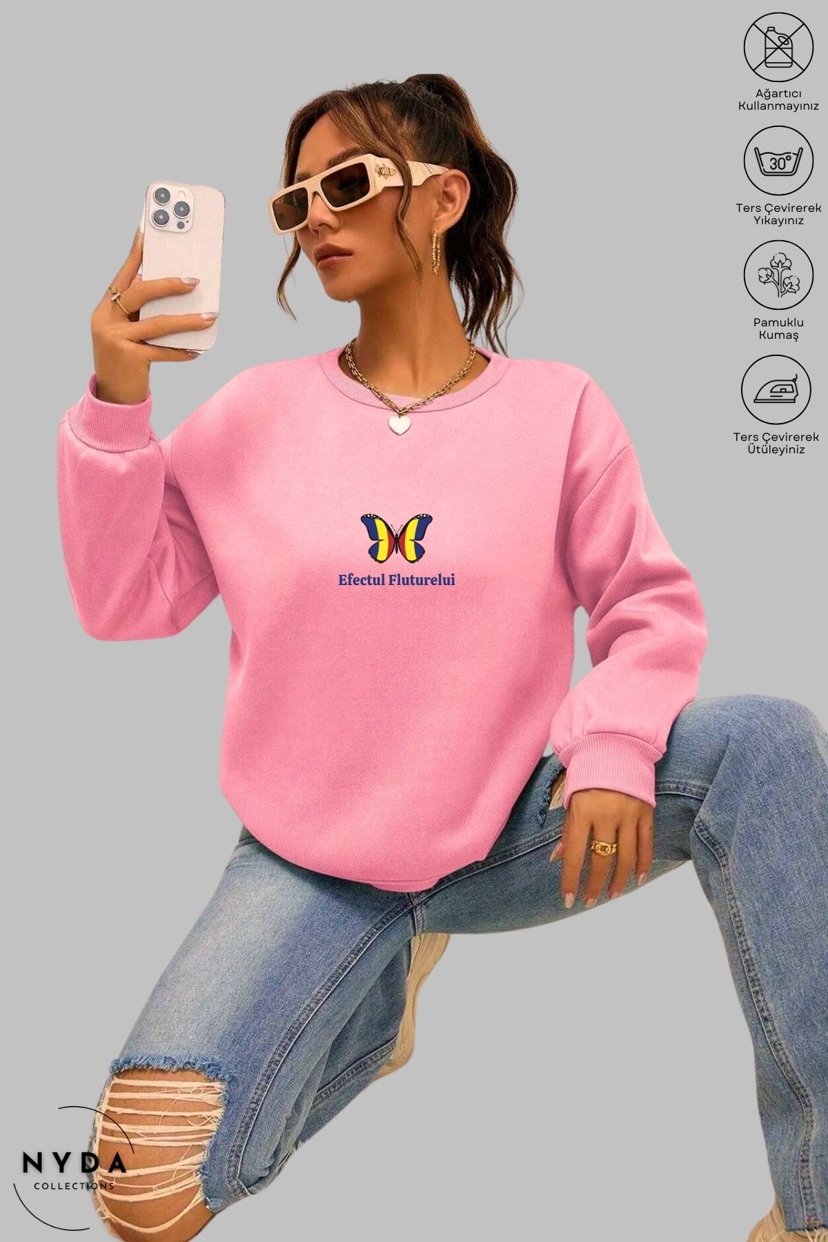 Nyda Collections Unisex Romania Efectul Fluturelui Baskılı Bisiklet Yaka Kapüşonsuz Şardonlu Oversize Sweatshirt