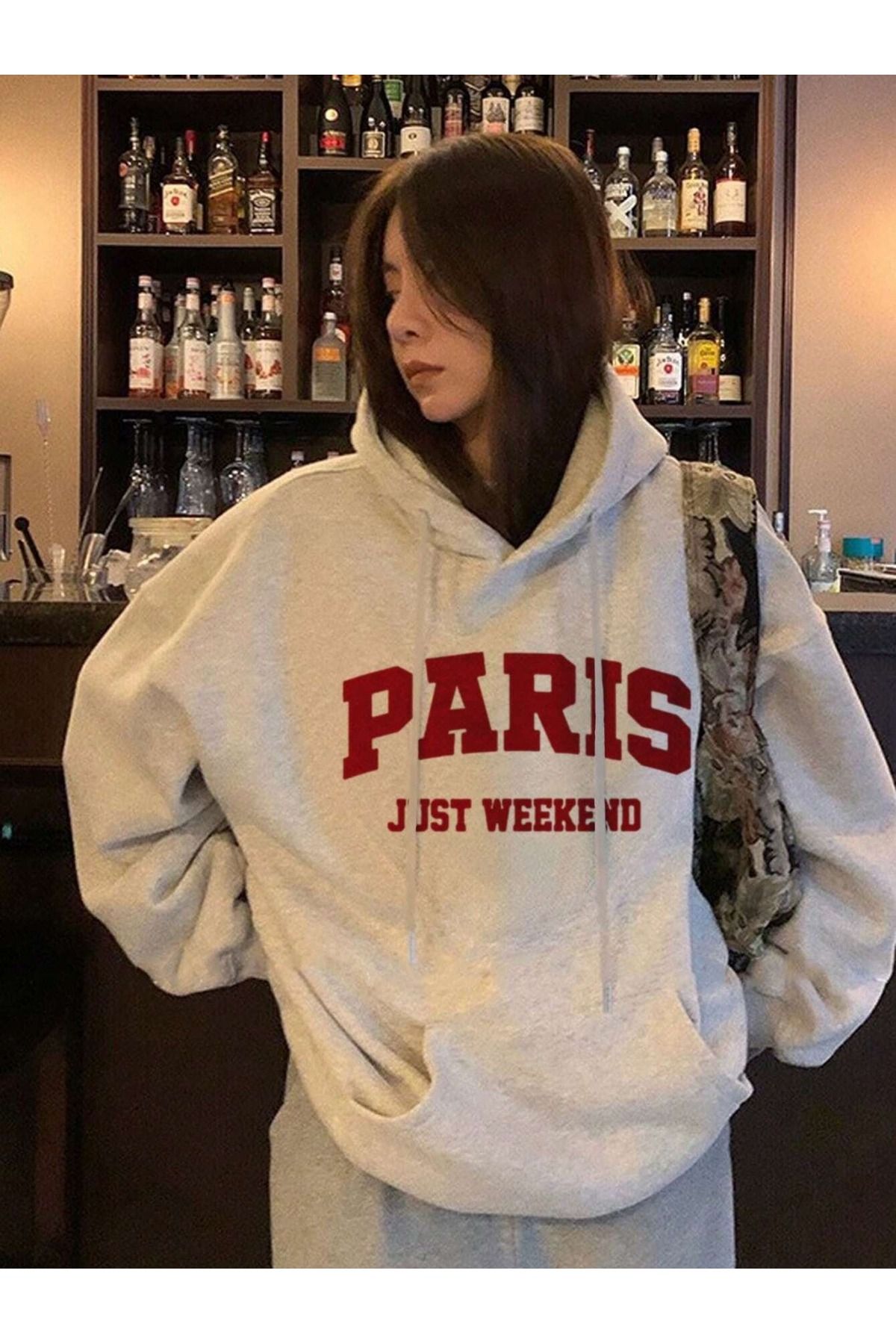 Demacia Kadın Gri Paris Just Weekend Baskılı Kapüşonlu Hoodie Sweatshirt