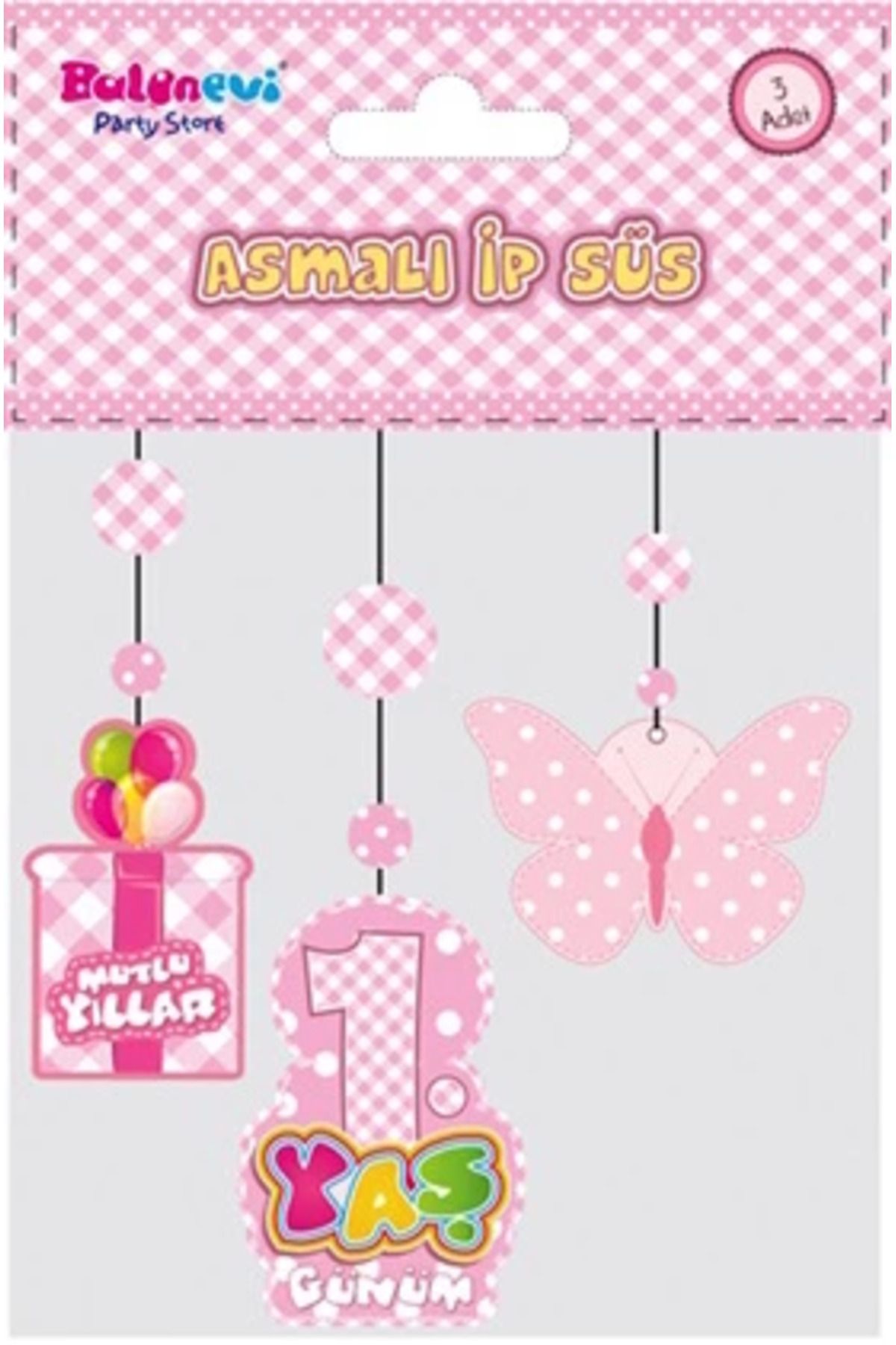 YNT İthalat 1 Yaş Temalı Asmalı İp Süs Pembe Renk 3 Lü Set 12x45 Cm