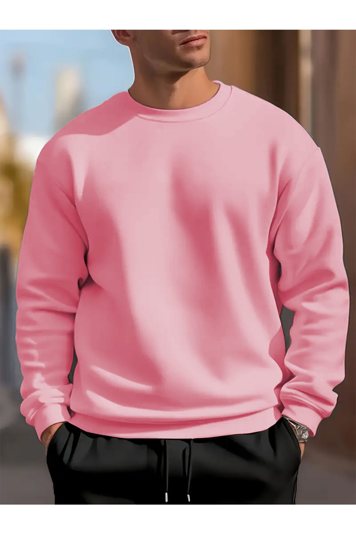 baxada Erkek Pembe Oversize Bisiklet Yaka Sweatshirt