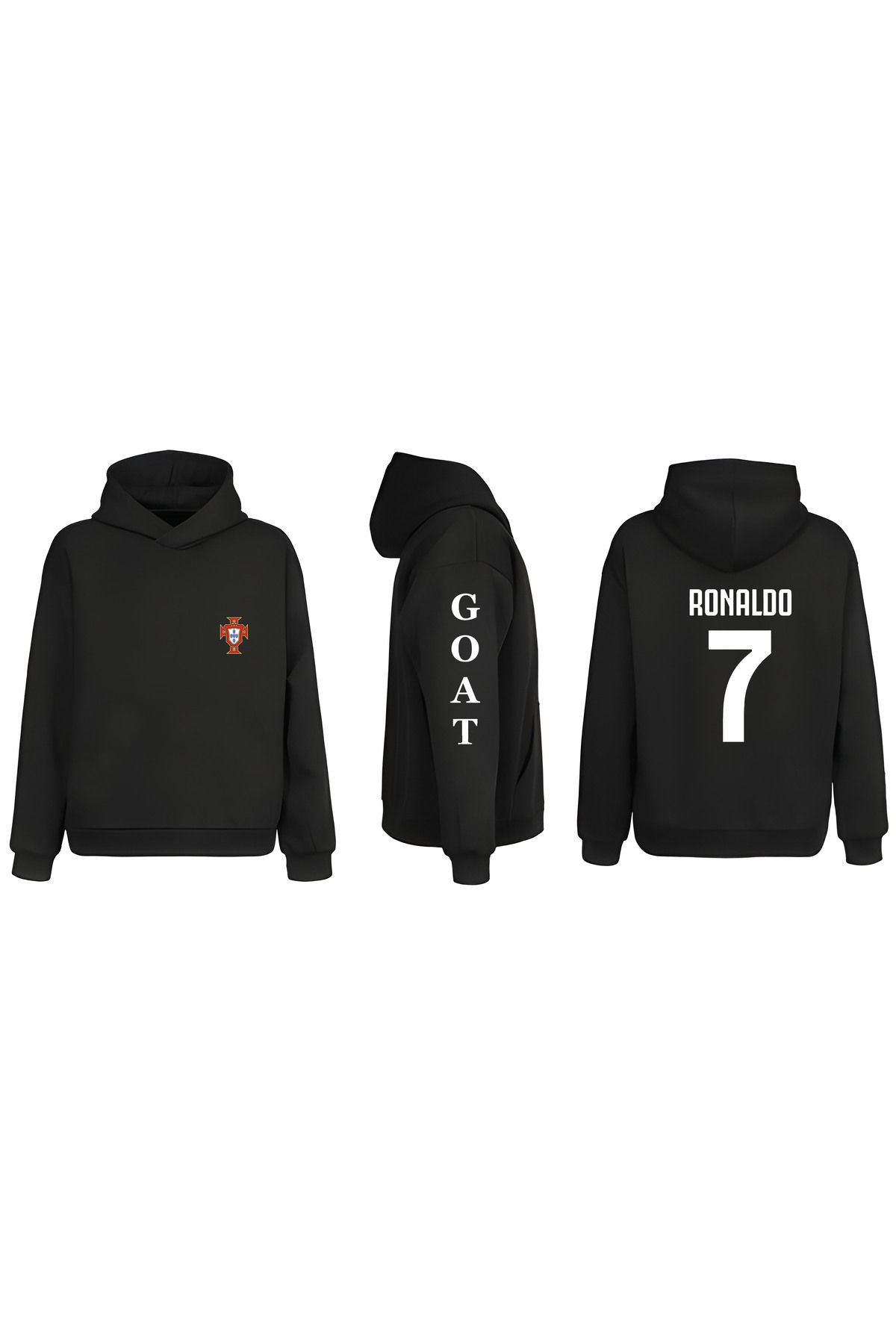 sielta Portekiz Goat Ronaldo Kol Baskılı Çift Taraflı Kapşonlu Unisex Siyah Sweathsirt Hoodie