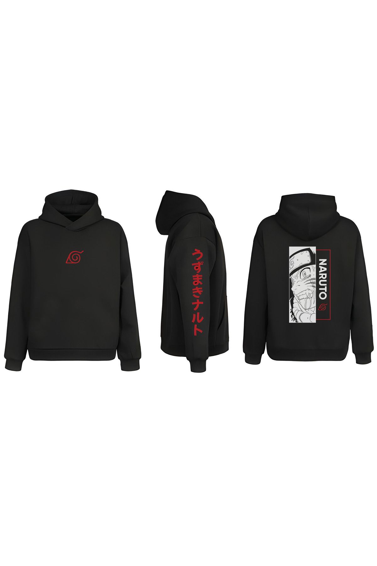 sielta Anime Naruto Uzumaki Kol Baskılı Çift Taraflı Kapşonlu Unisex Siyah Sweathsirt Hoodie