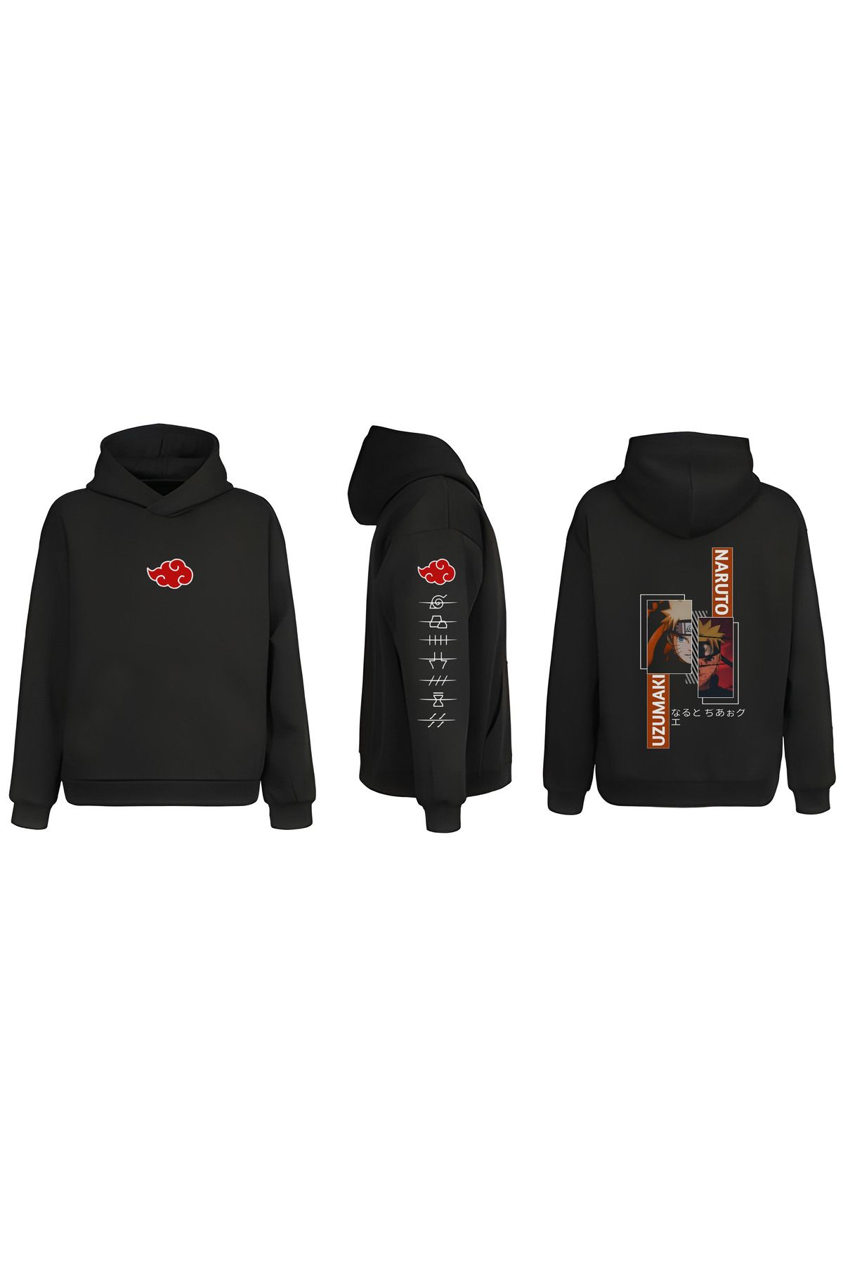 sielta Naruto Uzumaki İtachi Kol Baskılı Çift Taraflı Kapşonlu Unisex Siyah Sweathsirt Hoodie