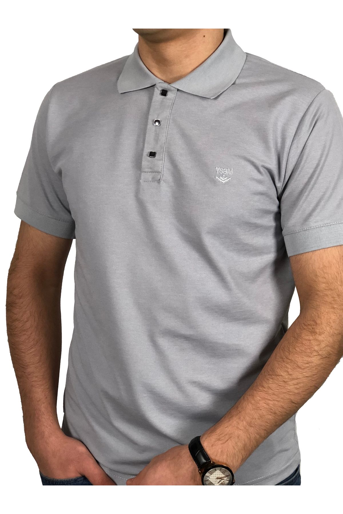 YSBM Erkek Gri Kıvrılmaz Polo Yaka Pamuklu Pike Dokulu Rahat Regular Fit T-shirt 8493