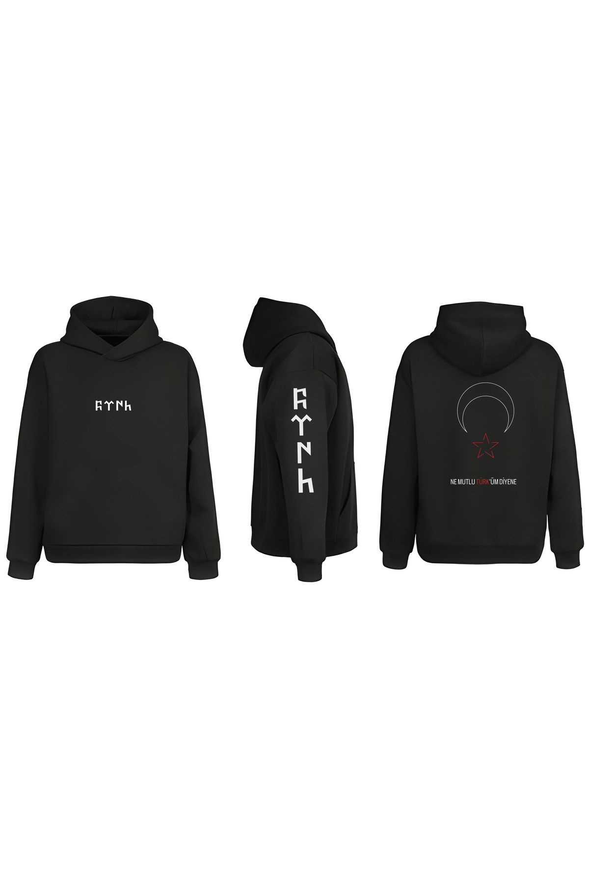 sielta Türk Bozkurt Türk Bayrağı Kol Baskılı Çift Taraflı Kapşonlu Unisex Siyah Sweathsirt Hoodie