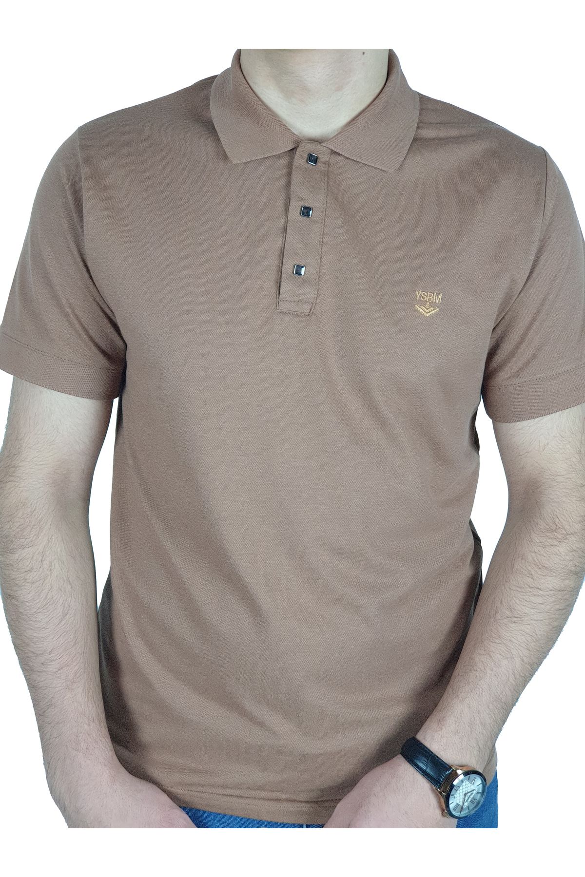 YSBM Erkek Taba Kıvrılmaz Polo Yaka Pamuklu Pike Dokulu Rahat Regular Fit T-shirt 8493