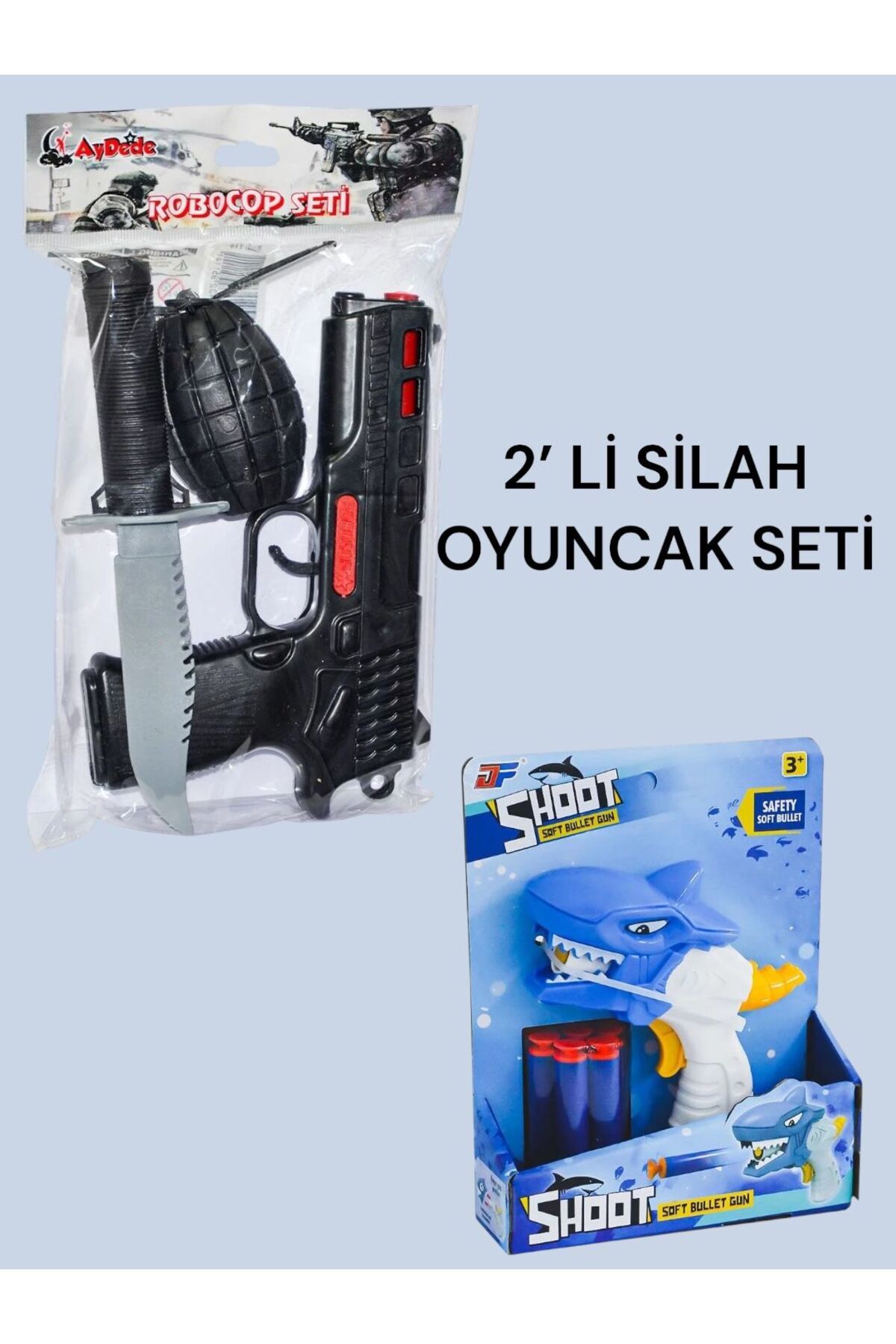 BYCEGU 16818 AVANTAJLI 2 Lİ SET KÖPEK BALIĞI DART ATICI SİLAH VE ROBOCOP SİLAH OYUN SETİ