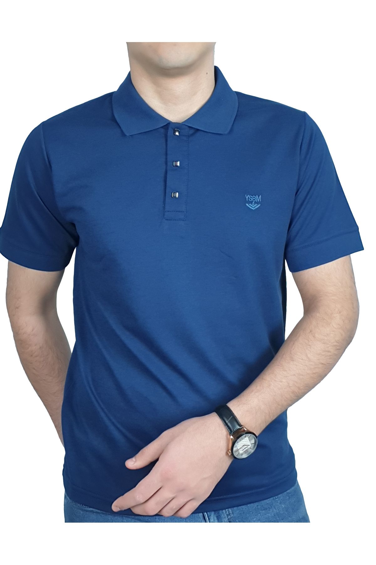 YSBM Erkek Indigo Kıvrılmaz Polo Yaka Pamuklu Pike Dokulu Rahat Regular Fit T-shirt 8493