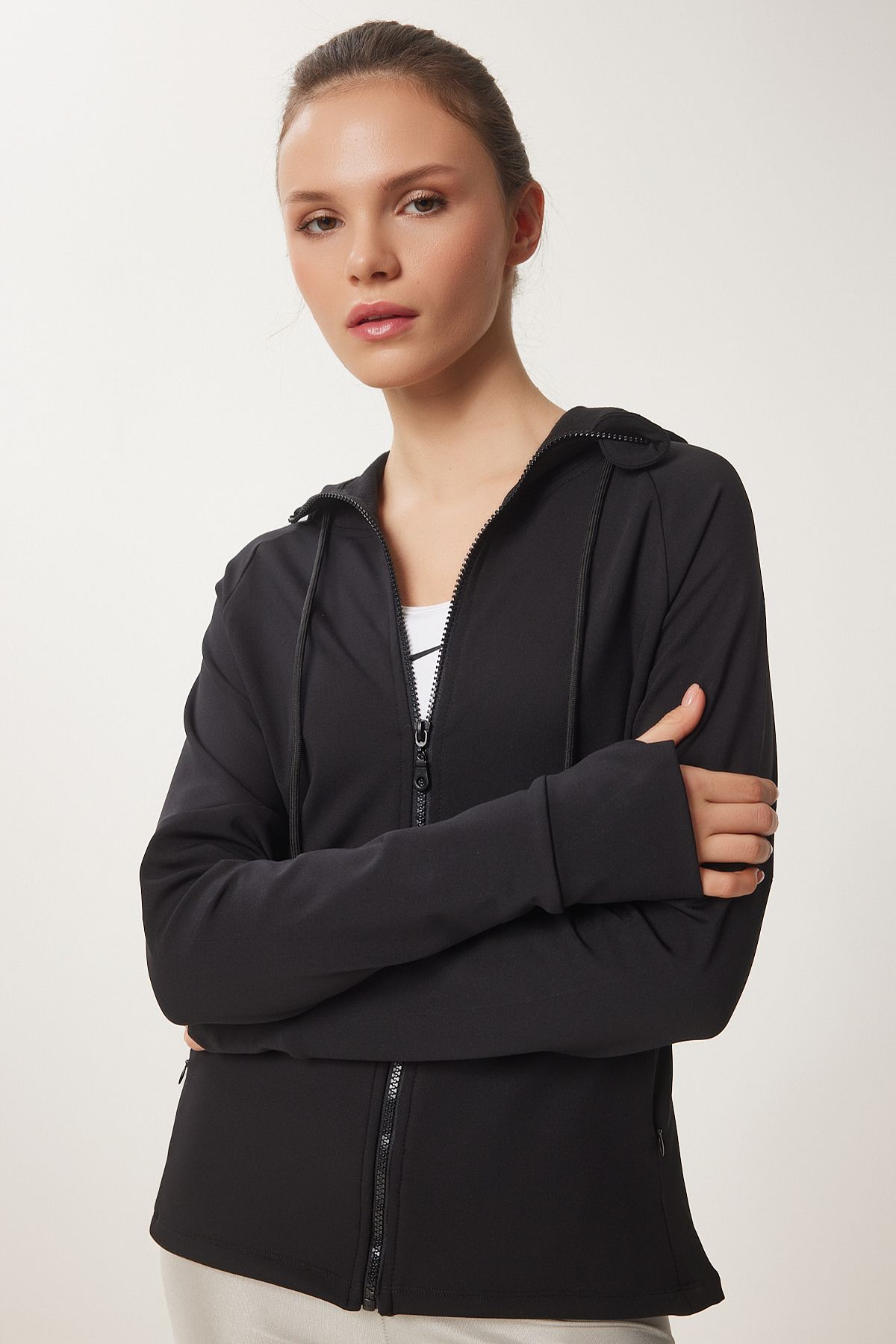 Lovelyİstanbul Parmak Detaylı Kapüşonlu Fermuarlı Örme Sweatshirt SİYAH LVX0007