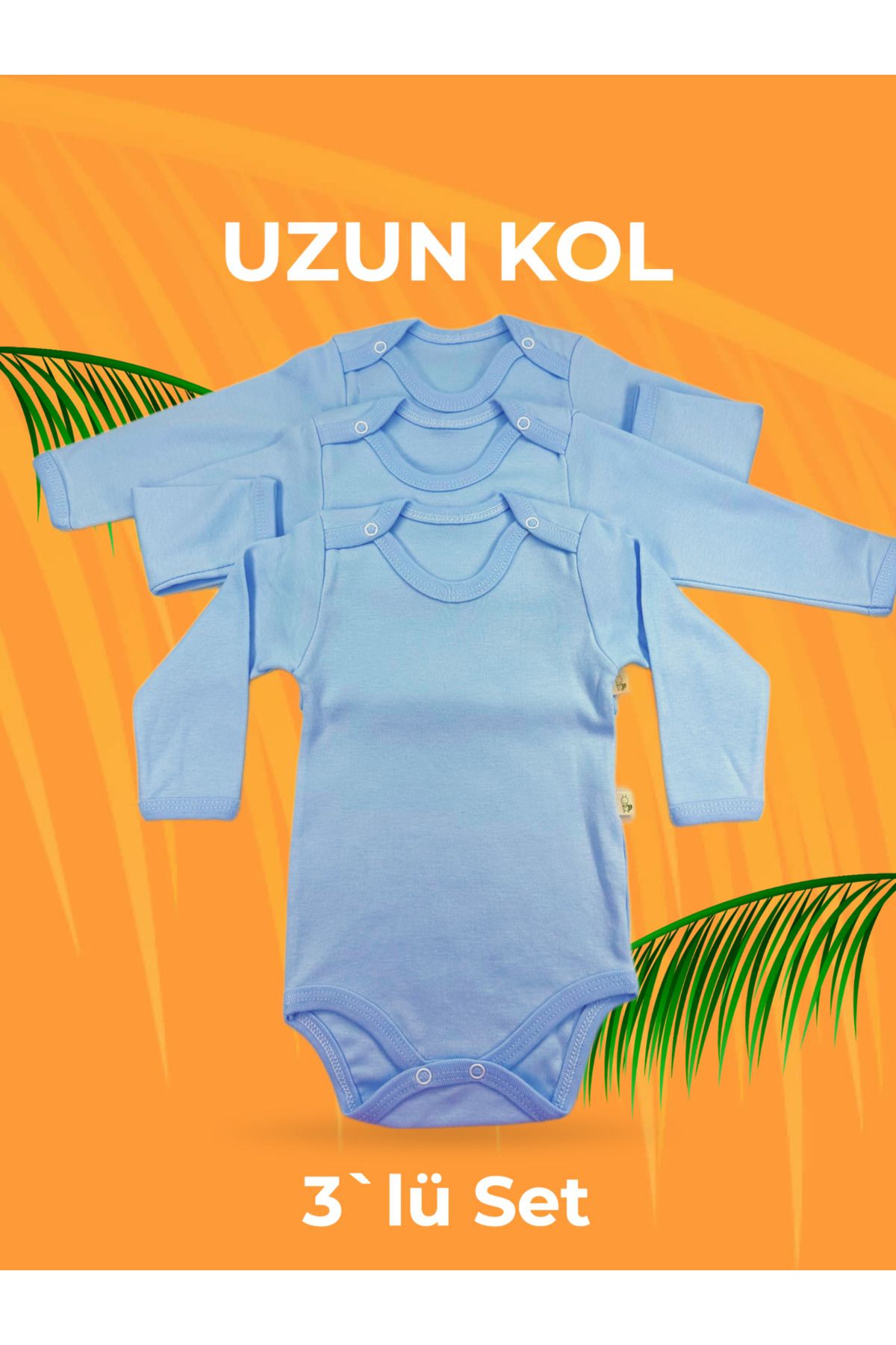 GİZEM Bebek Bodysuit Mavi Uzun Kollu 3`lü Paket|Set - Bebek Atleti %100 Pamuk