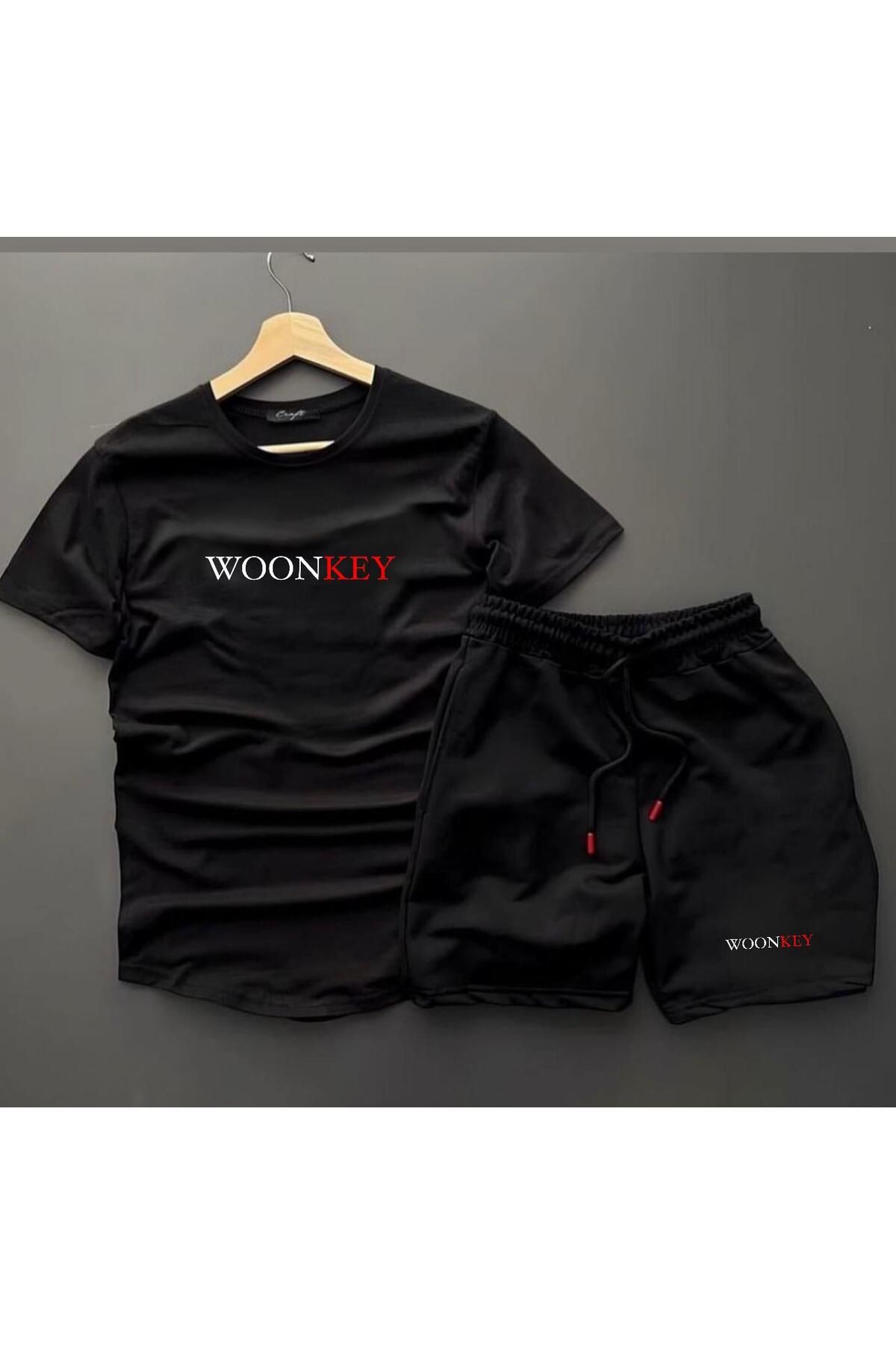 woonkey ERKEK SİYAH WOONKEY BASKILI OVERSİZE T-SHIRT ŞORT 2'Lİ TAKIM