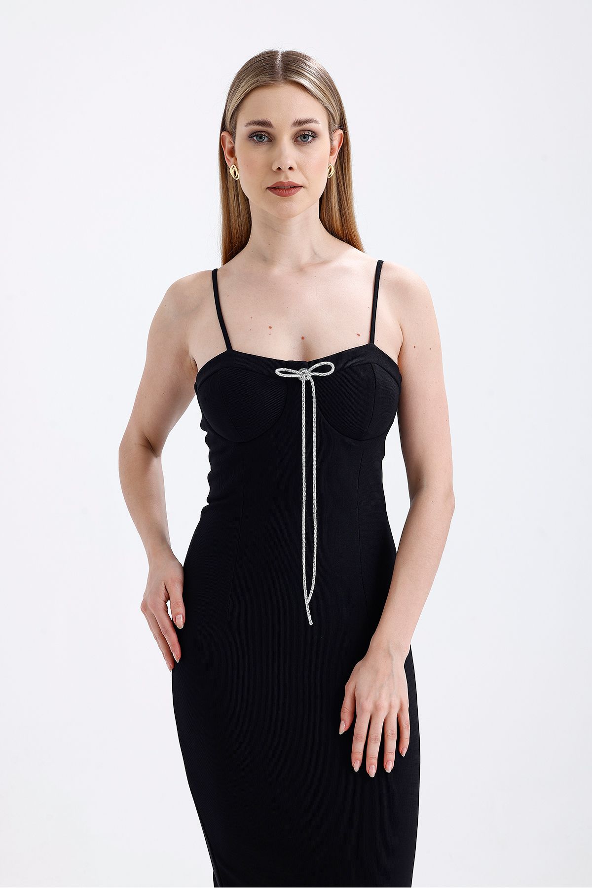 Sense-Black Ottoman Dress - Sling Glop Dress with Brooch Detail and Hidden Zipper |   Elb35442Ts 7