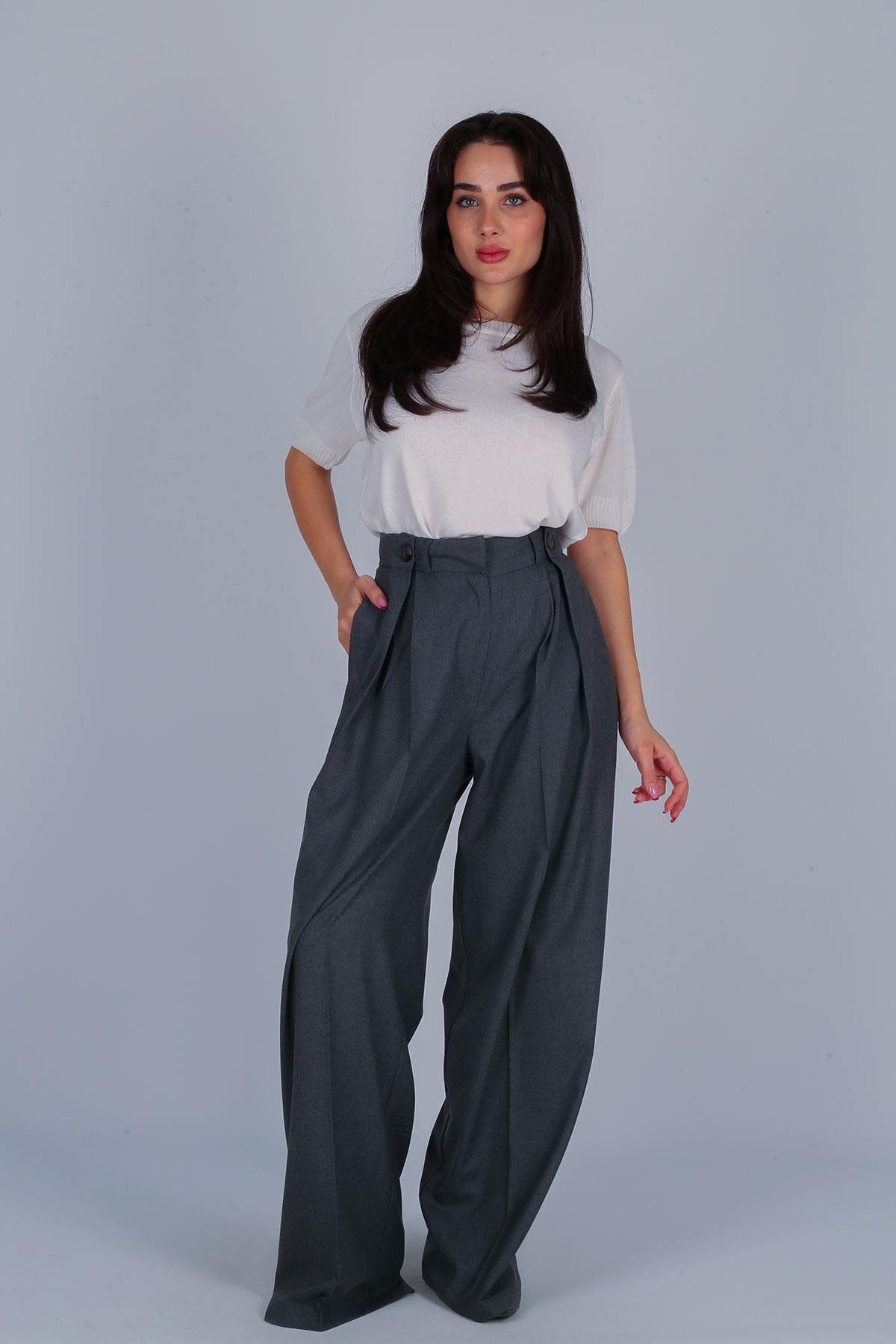 FACETTE-Women's Gray Button Detail High Waist Palazzo Pants 4