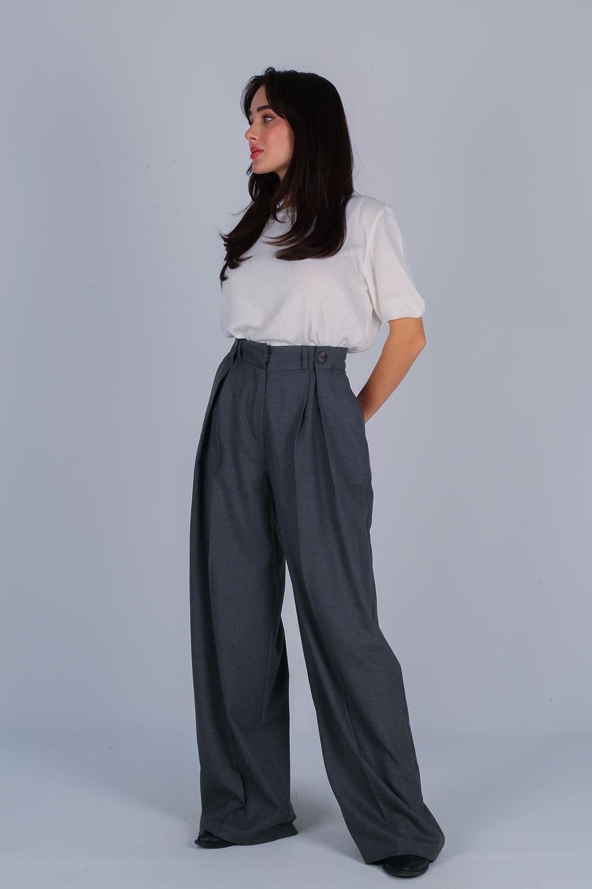 FACETTE-Women's Gray Button Detail High Waist Palazzo Pants 2