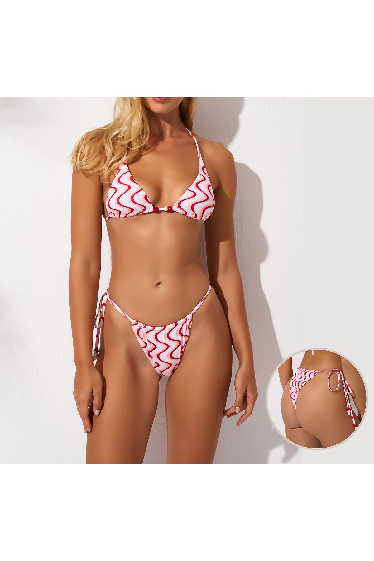 elkumoda Boncuk Detaylı Üçgen Bikini Takım  Yüksek Bel ve Brazilian Alt Kesim Bikinin Set