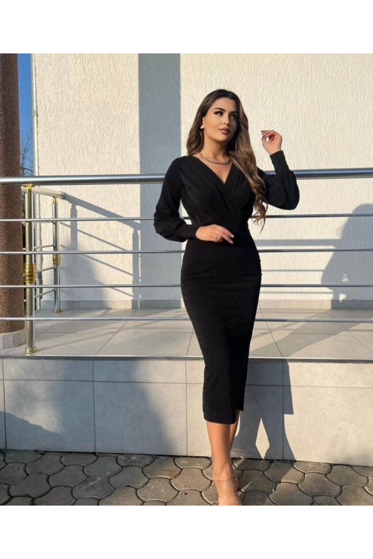 Grip Hug &Hug Kadın Uzun Kollu Kruvaze Yaka Büzgü Ve Balon Kol Detay Krep Kumaş Maxi Boy Elbise