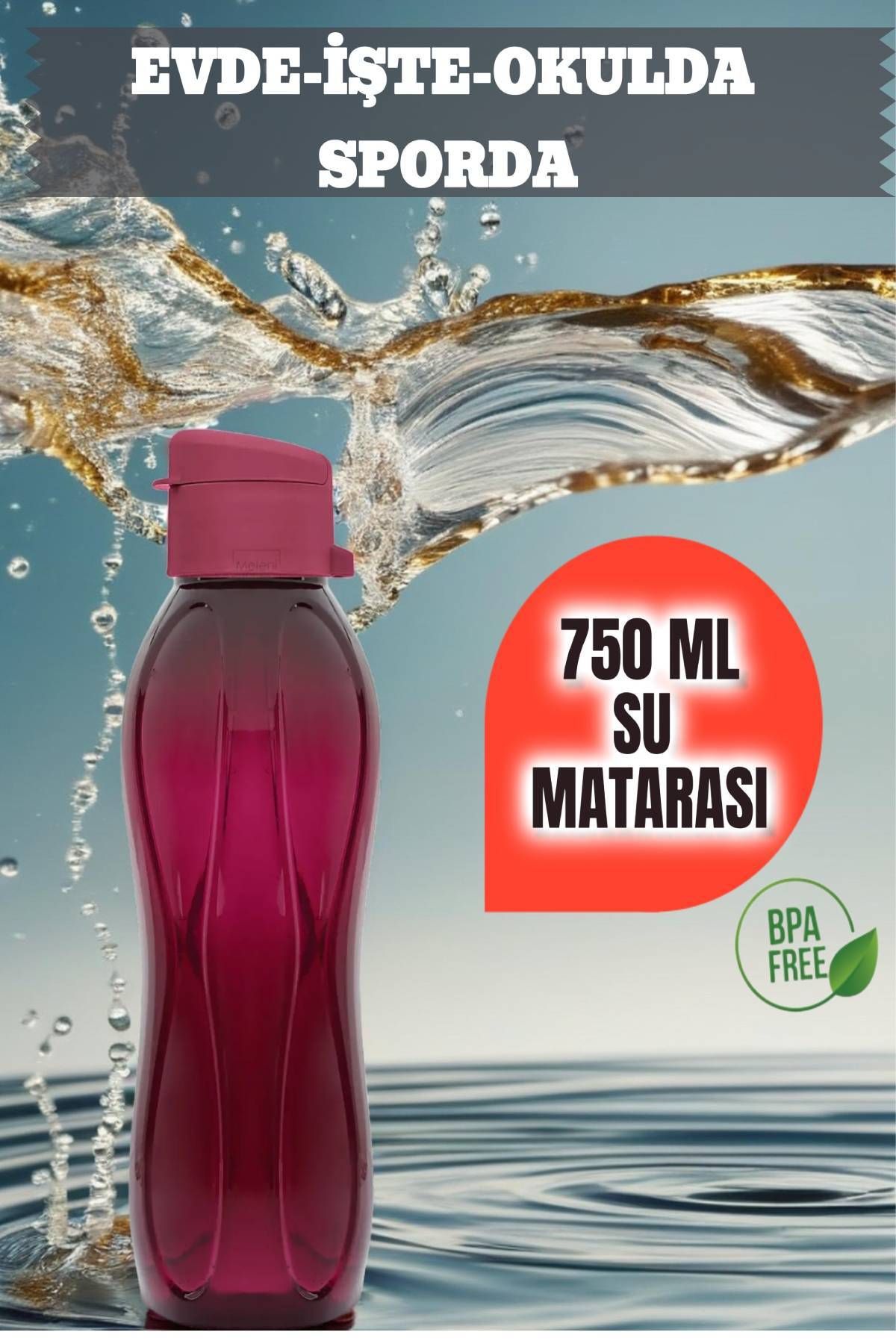 MEDUSHOP 750 ML Su Matarası Eve, Okula, Spora, İş Yerine Uygun & Su Şişesi & Suluk - Bordo