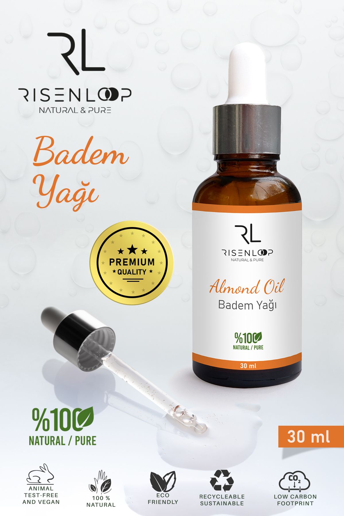 risenloop natural&pure Badem(tatlı) Yağı %100 Saf Doğal Seyretilmemiş Soğuk Sıkım Yağ 30 Ml